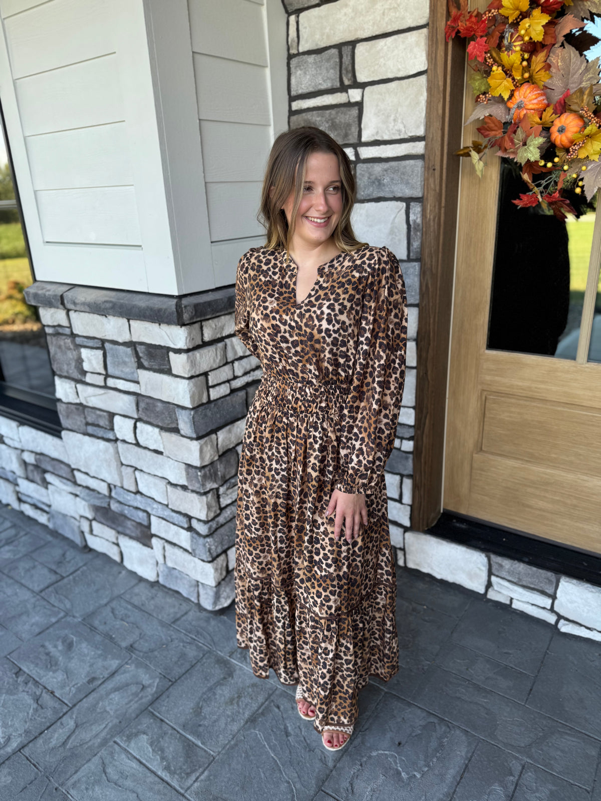 Dana Leopard Print Smocked Waist Tiered Midi Dress