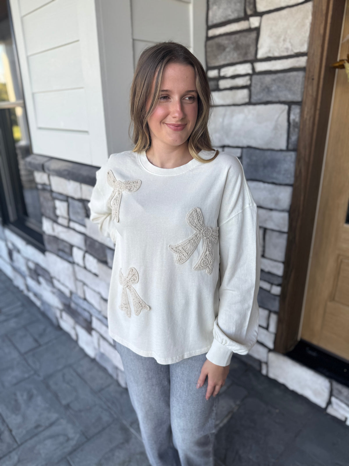 Shelly Ecru Crocheted Bow Patch Terry Pullover