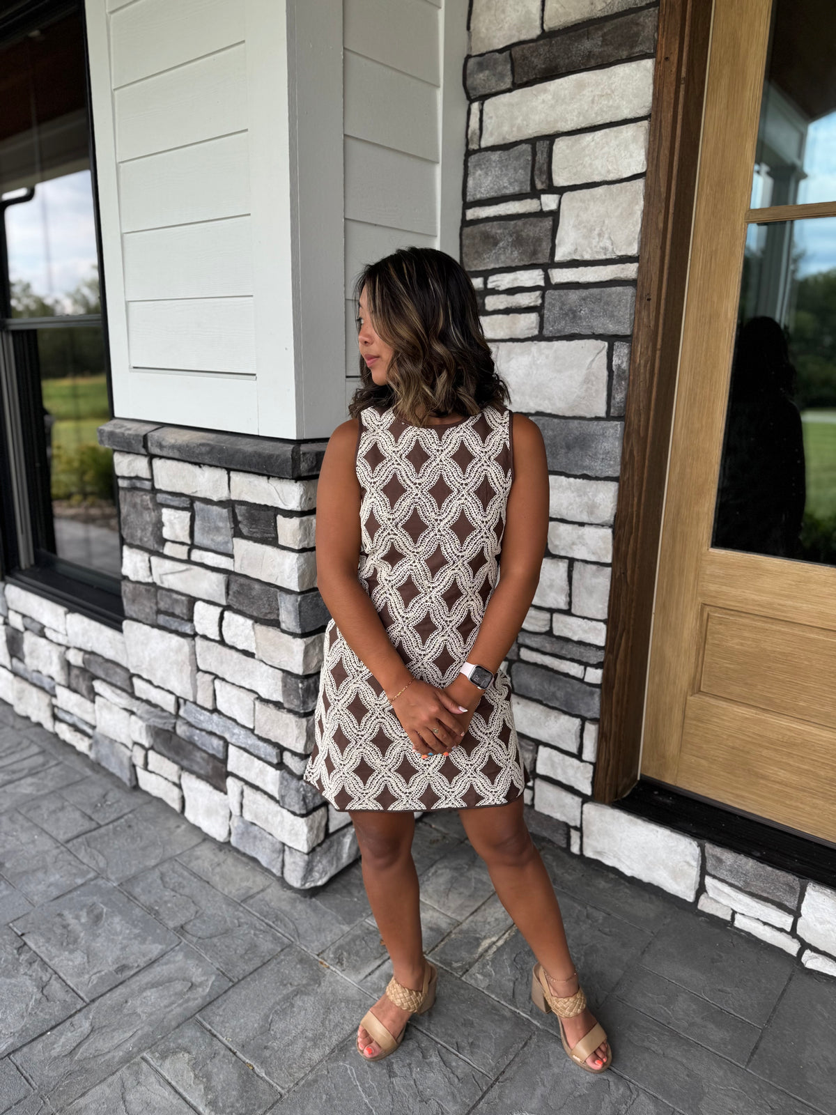 Sienna Brown & Cream Geometric Textured Mini Dress