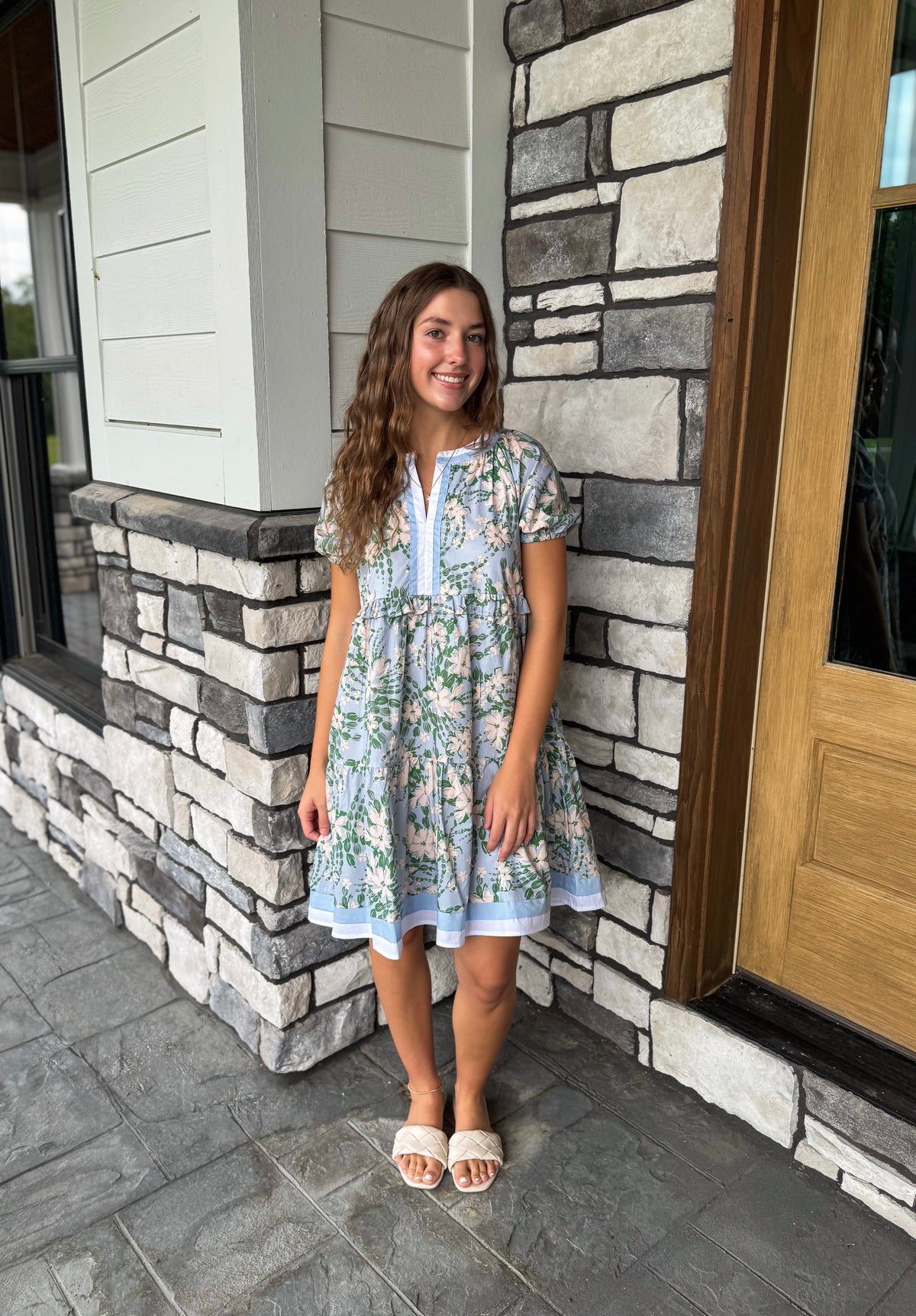 Rachel Blue & Green Floral Contrast Banded Puff Sleeve Mini Dress