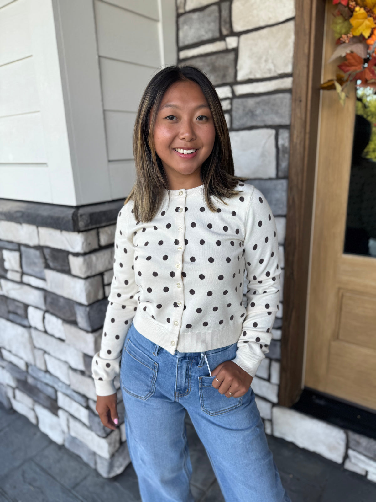 Natalie Cream Cardigan W/ Brown Polka Dots