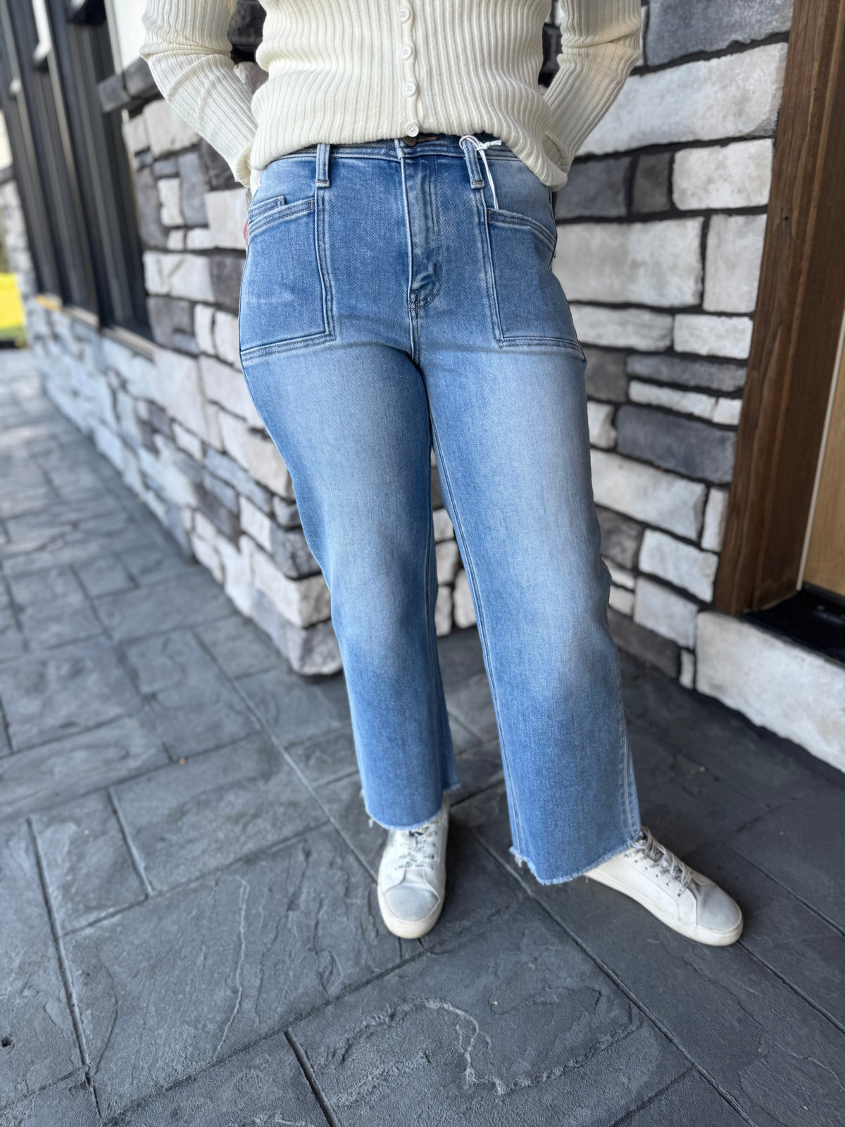 High Rise Cropped Slim Wide Leg Jeans