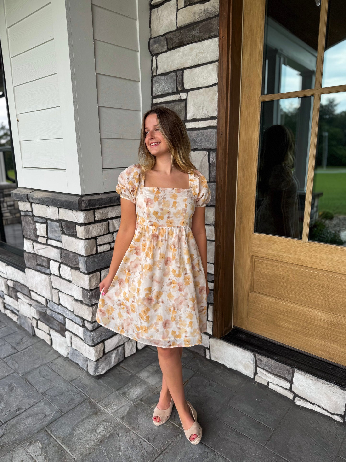 Bailey Mustard Floral Print Puff Sleeve Square Neck Mini Dress