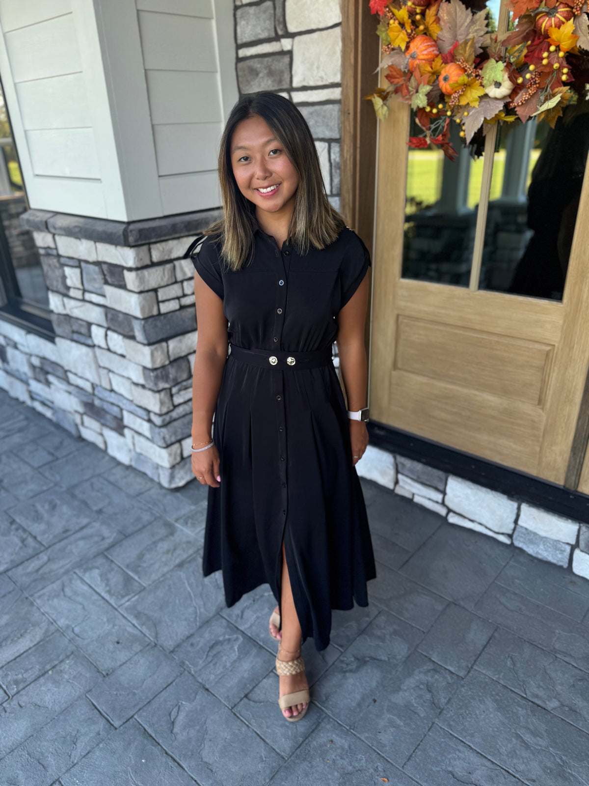 Amber Black Tab Shoulder Detail Belted Midi Dress