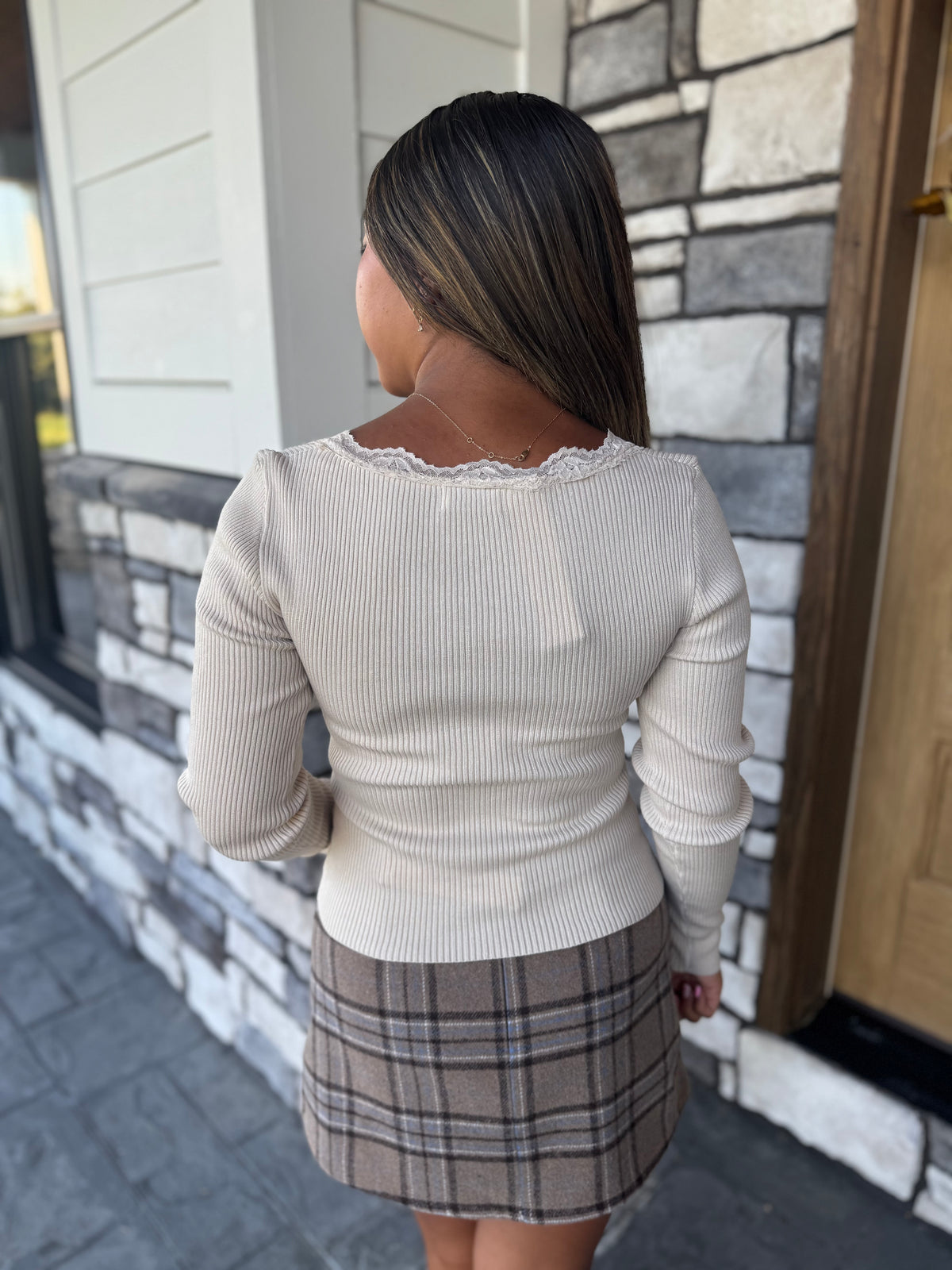Marie Khaki Square Neck Lace Trim Ribbed Sweater Top