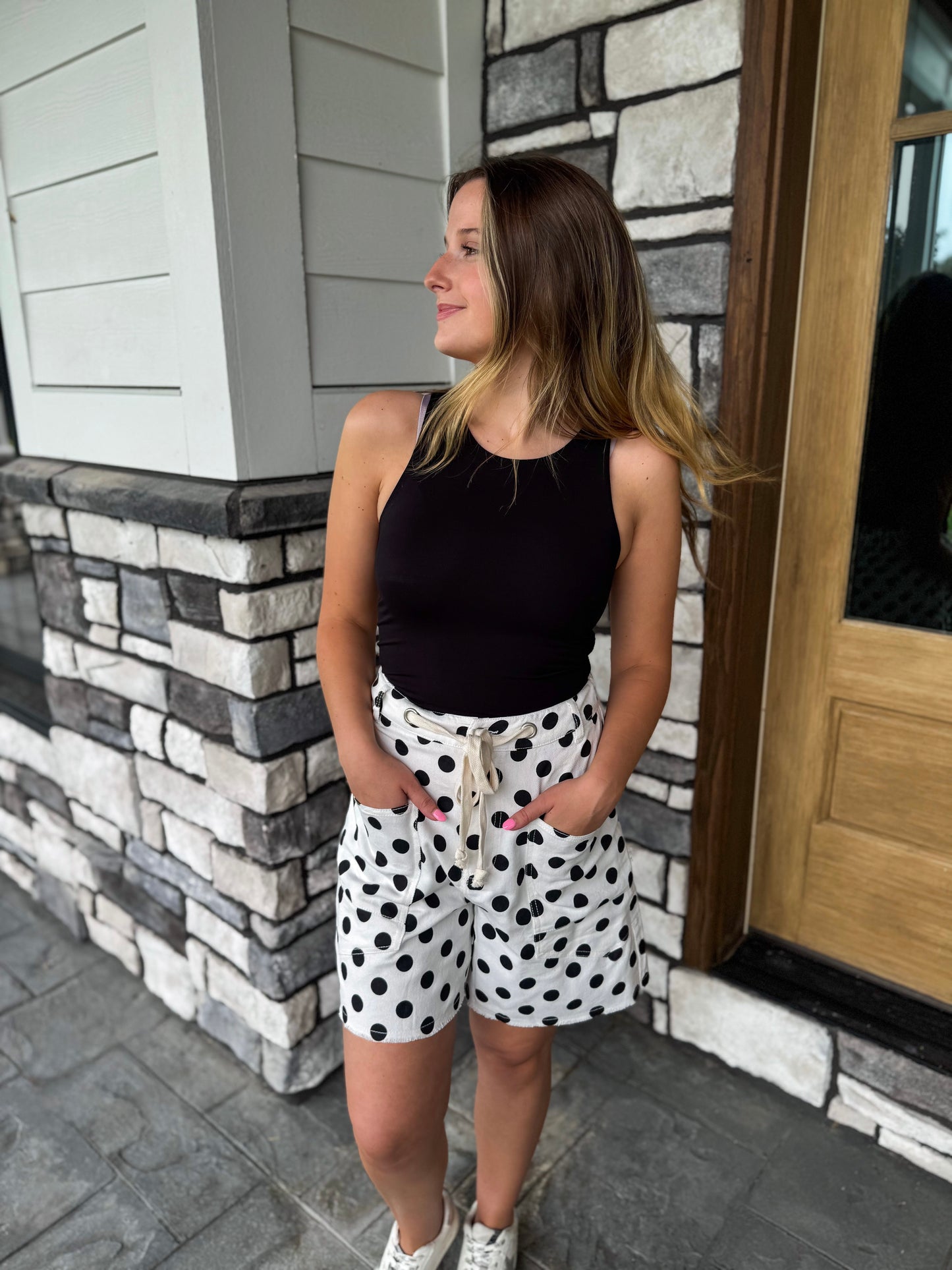 Quinn White Drawstring Shorts W/ Black Polka Dots