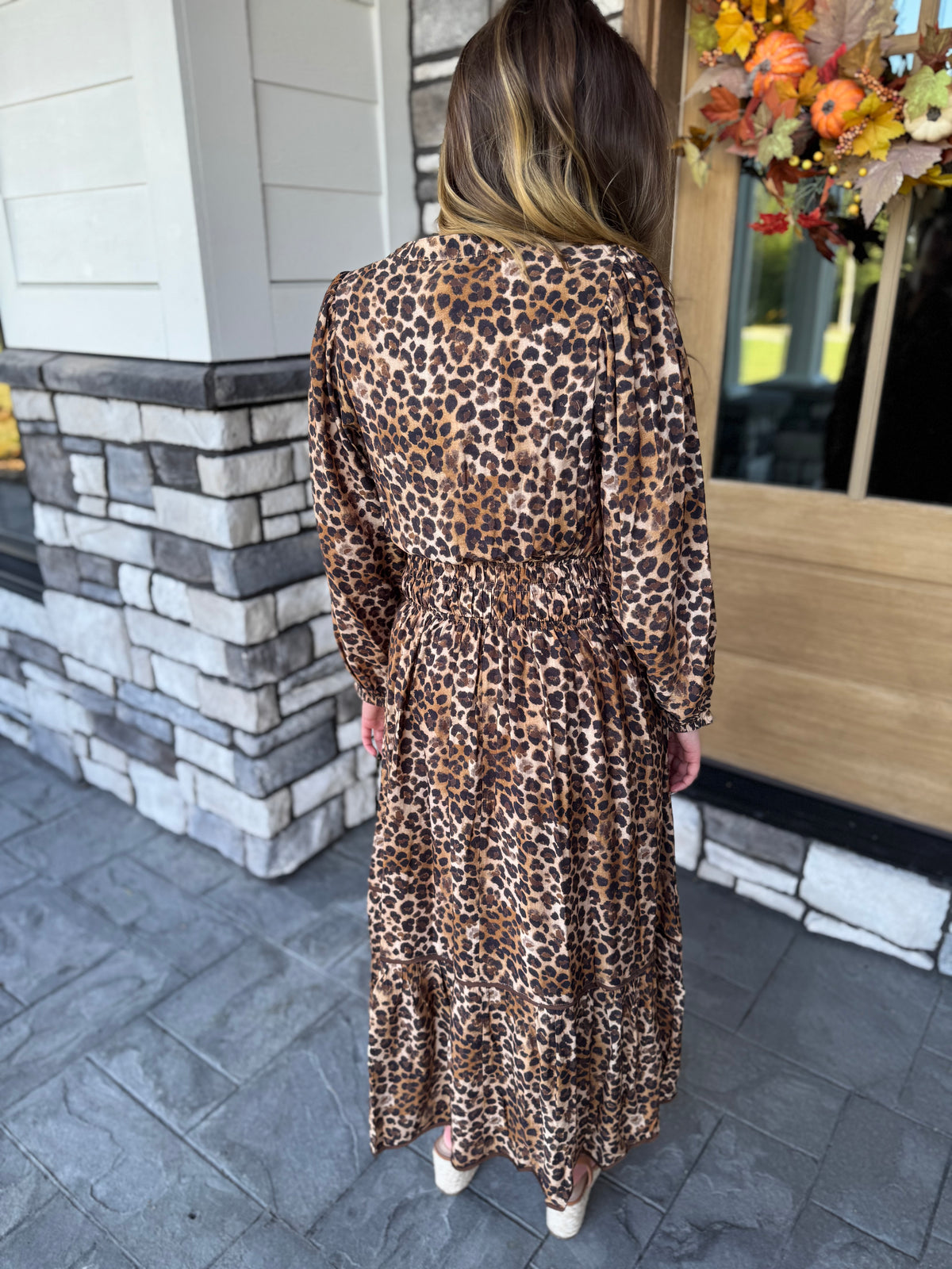 Dana Leopard Print Smocked Waist Tiered Midi Dress