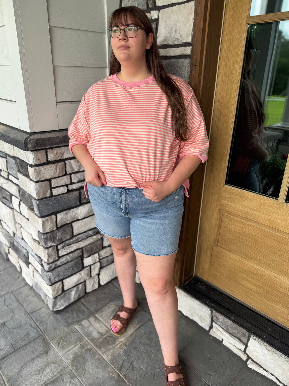 Plus Size High Rise Raw Hem Midi Shorts