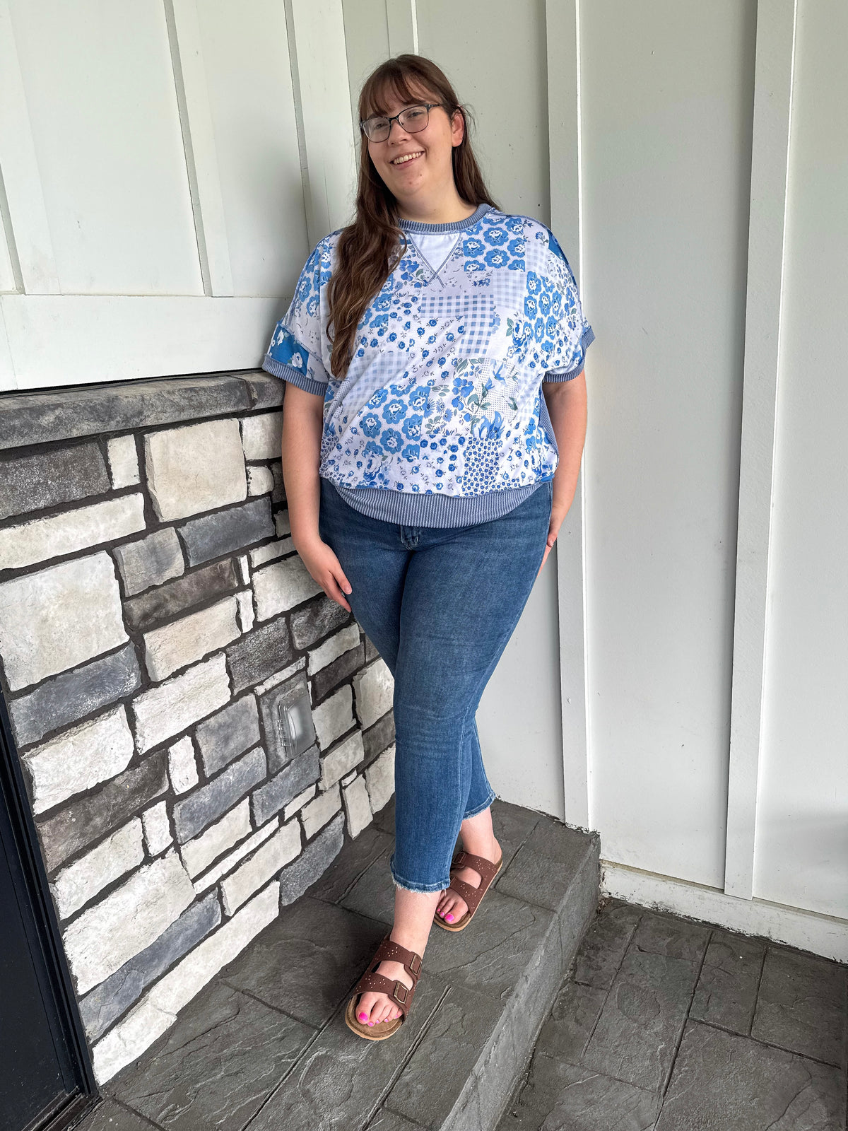 Krista Blue Floral Patchwork Print Top