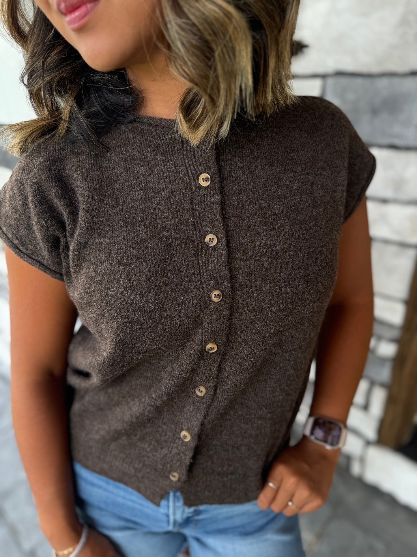 Marlow Chocolate Brown Button Up Short Sleeve Sweater