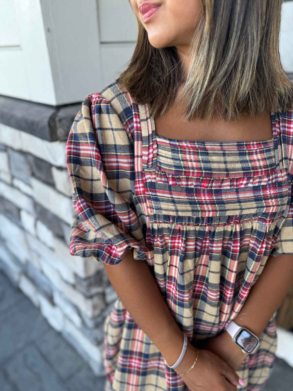 Emerson Khaki Mix Puff Sleeve Plaid Mini Dress