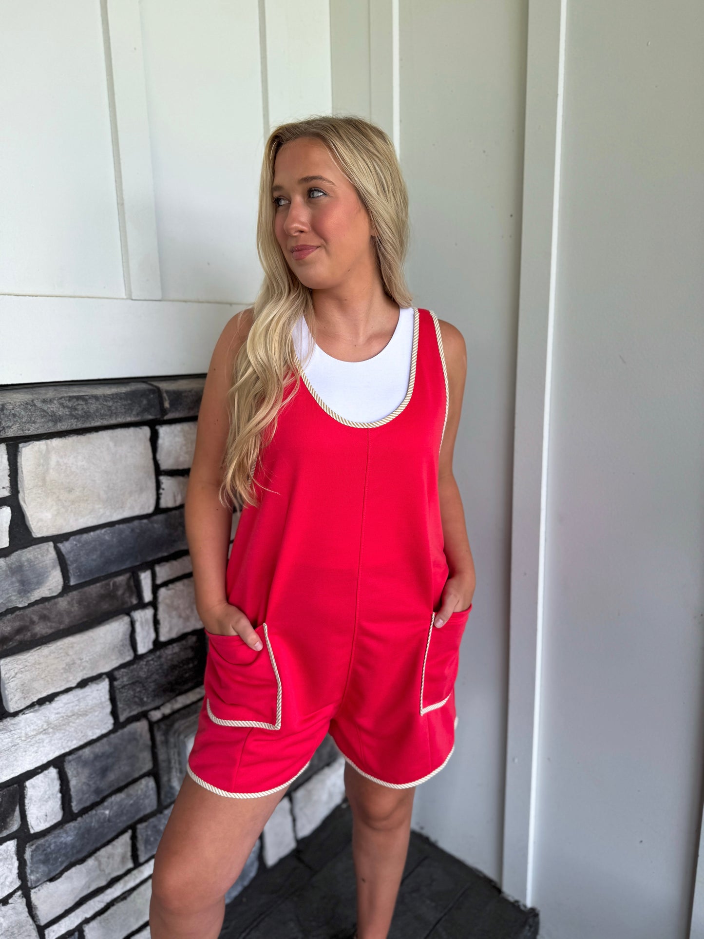 Rosie Coral Red Contrast Trim Romper