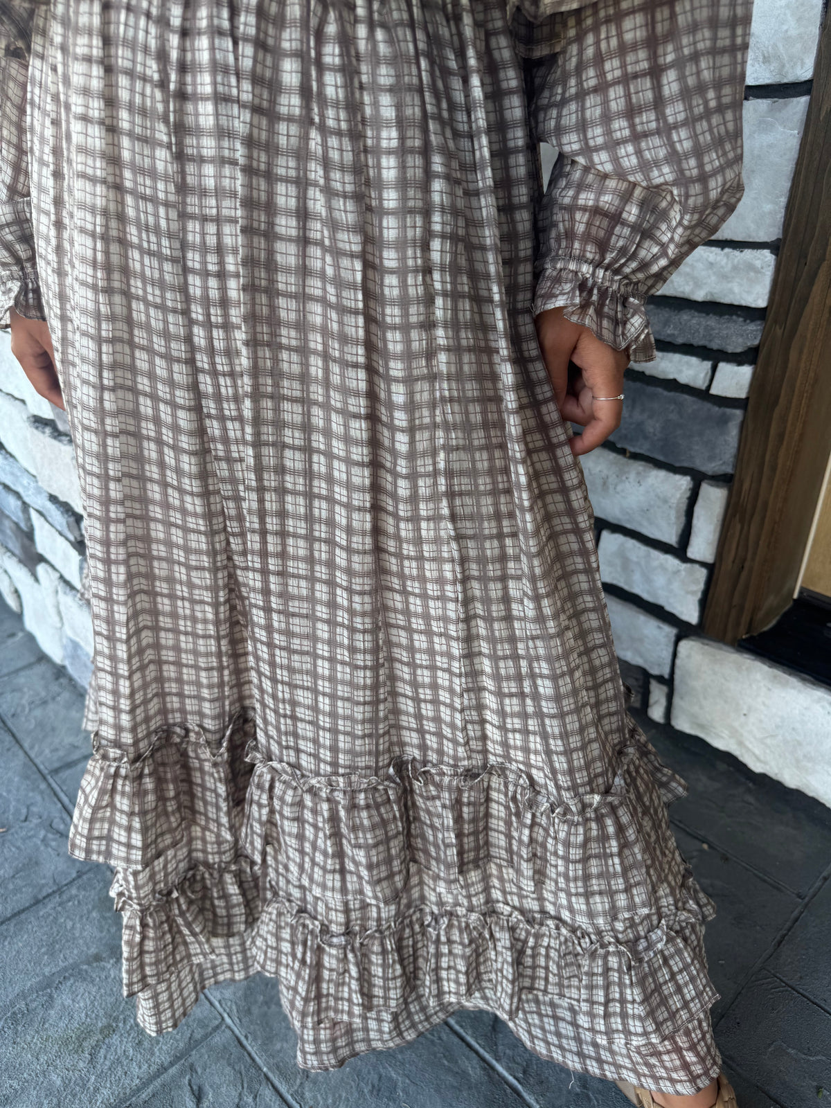 Lana Brown Plaid Ruffled Hem Midi Skirt
