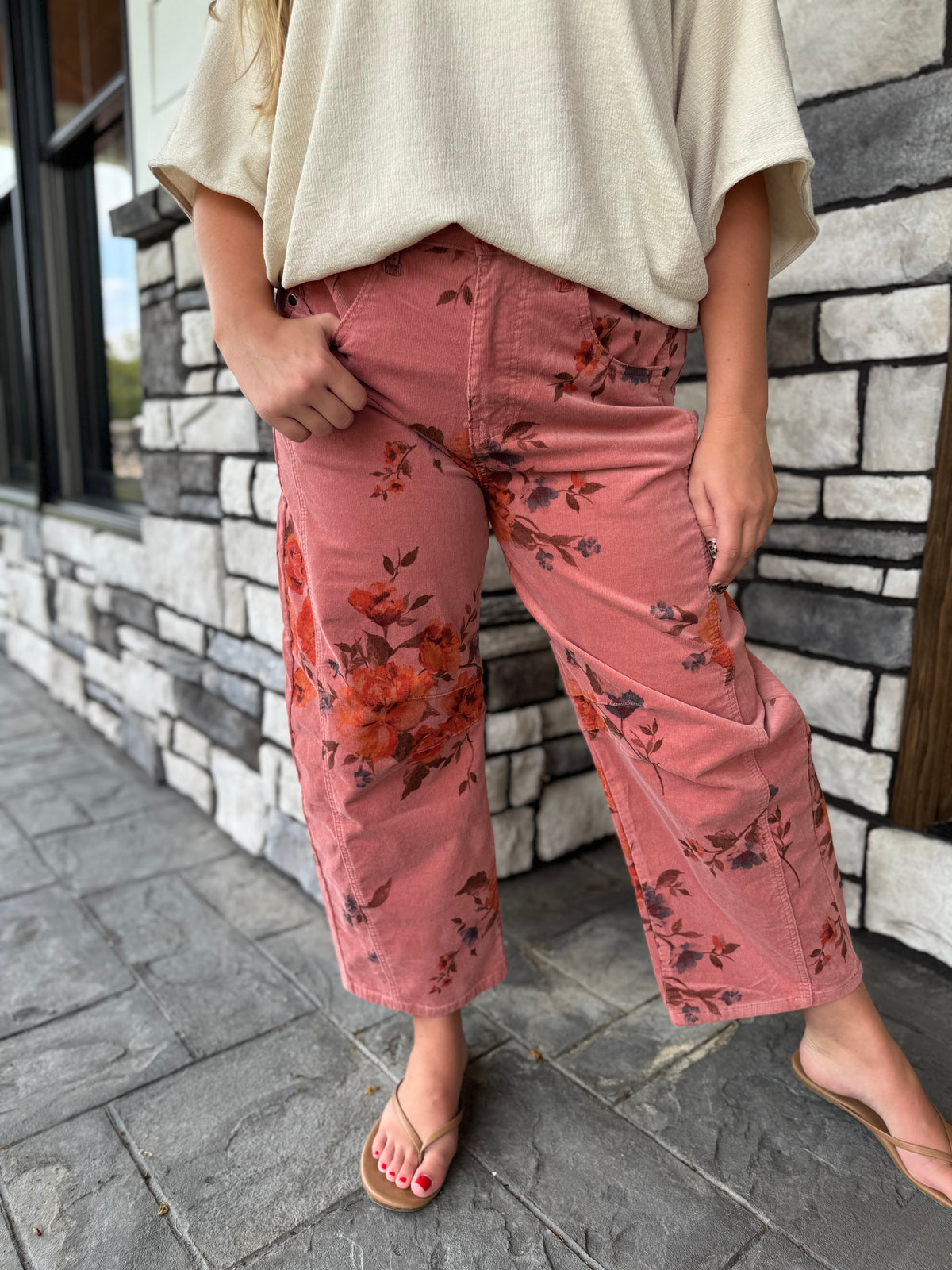 Courtney Dark Pink Floral Washed Corduroy Barrel Pants