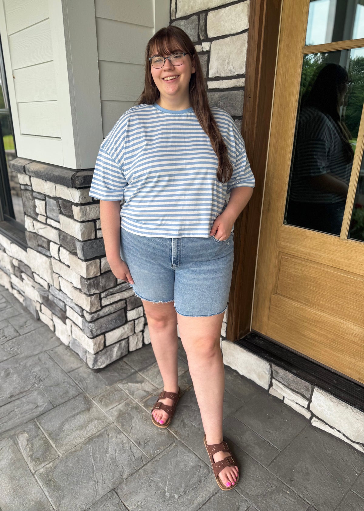 Hallie Blue & Off White Striped Round Neck Slight Crop Oversized Tee