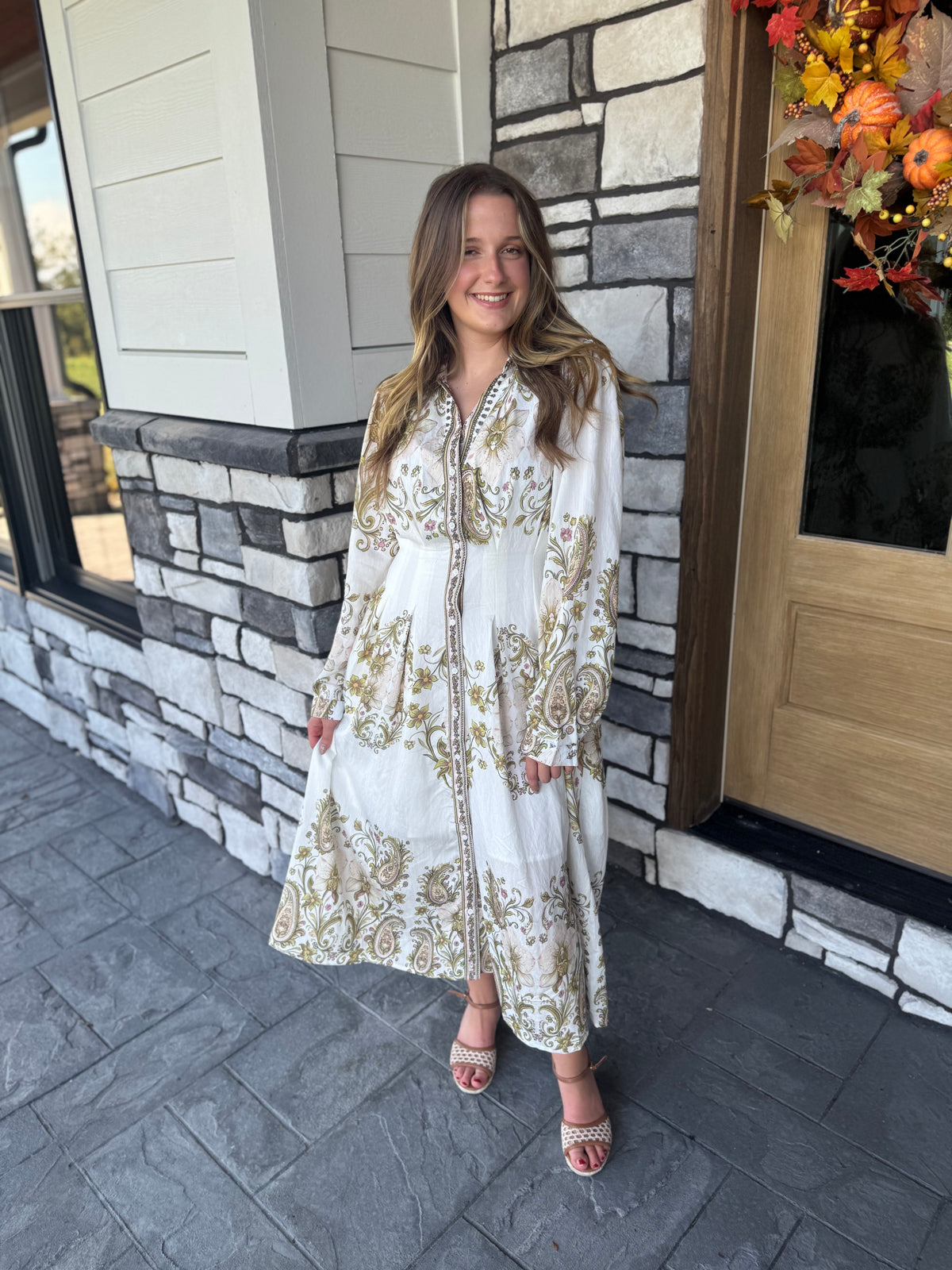 Mabel Olive Paisley Pleated Waist Button Up Midi Dress