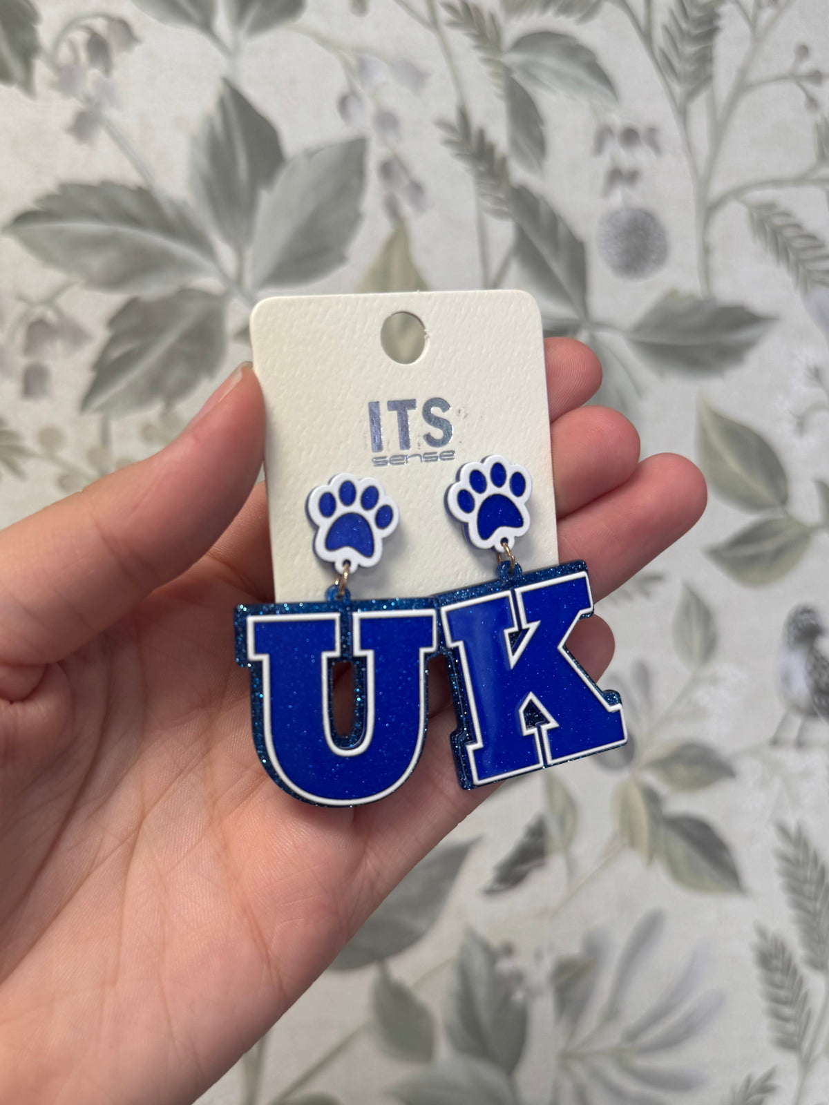 Blue & White Sparkly "UK" Paw Accent Dangle Earrings