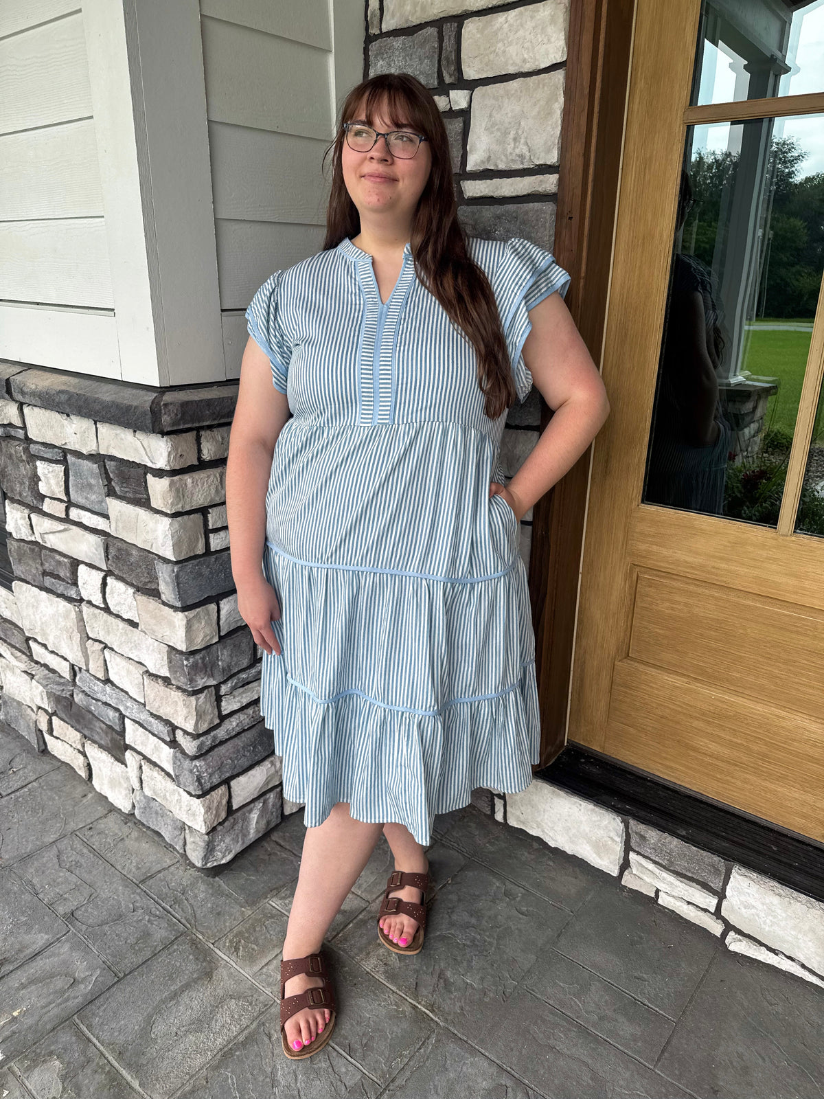 Tammy  Plus Size Baby Blue & White Pinstripe Double Ruffle Sleeveless Dress