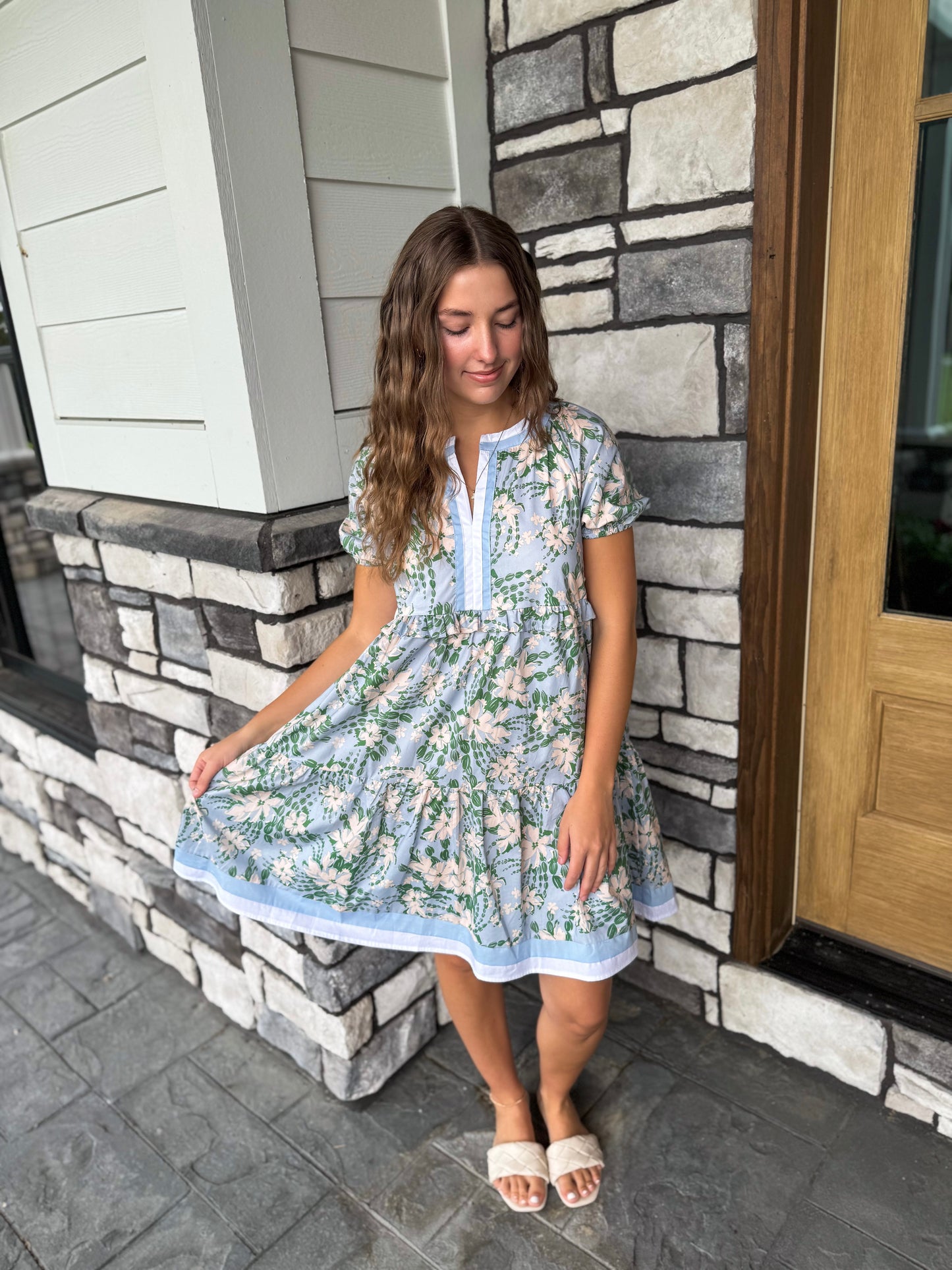 Rachel Blue & Green Floral Contrast Banded Puff Sleeve Mini Dress