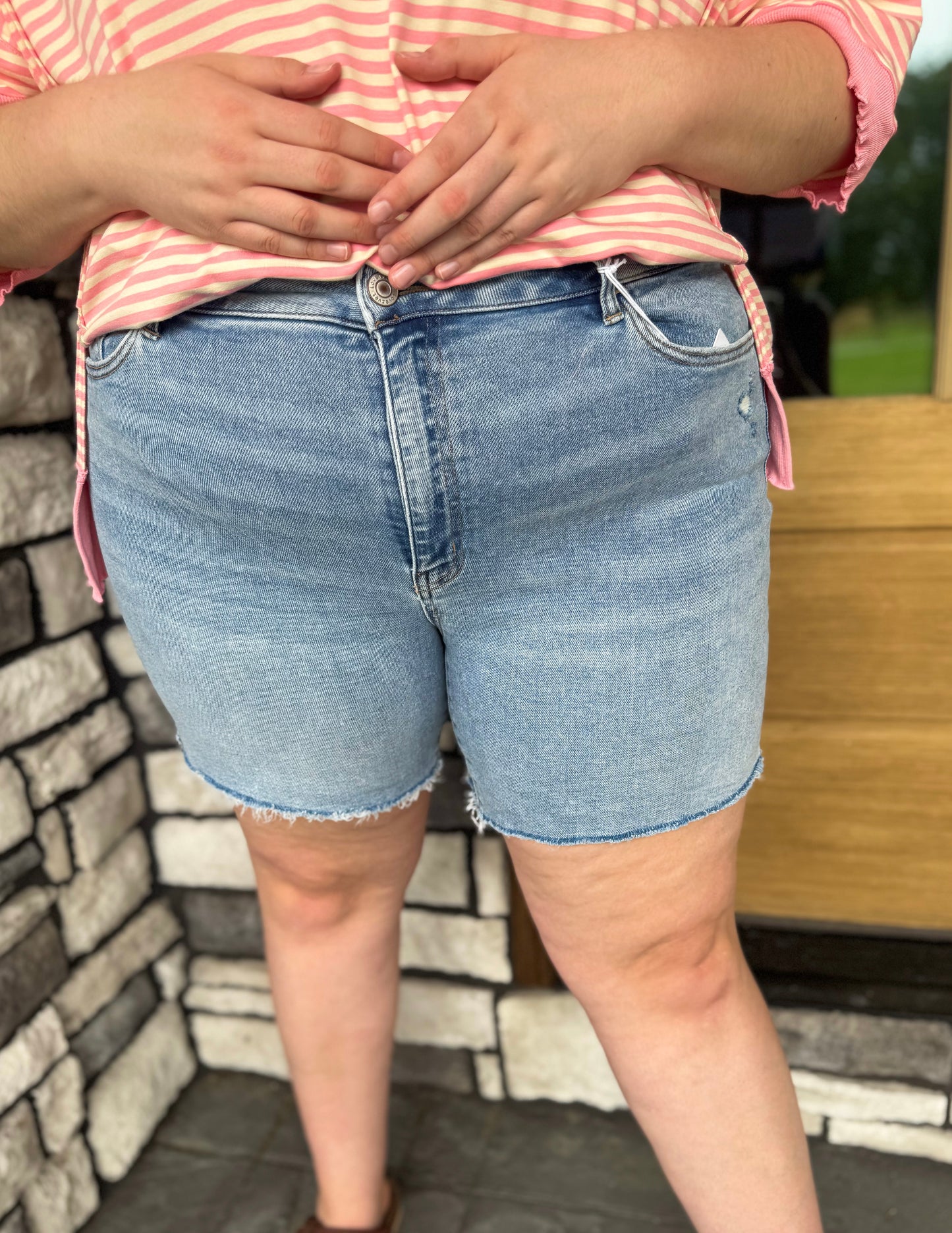 Plus Size High Rise Raw Hem Midi Shorts