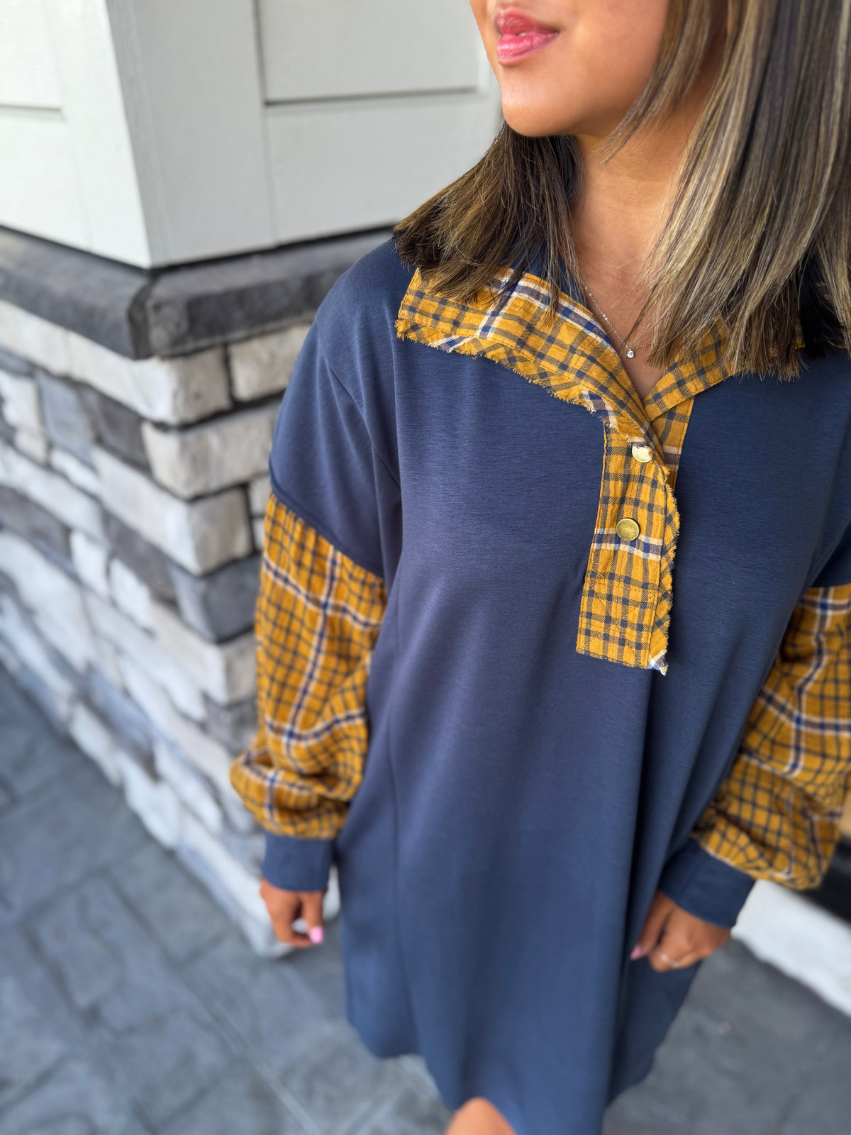 Martha Navy Luxe Knit Plaid Sleeve Mini Dress