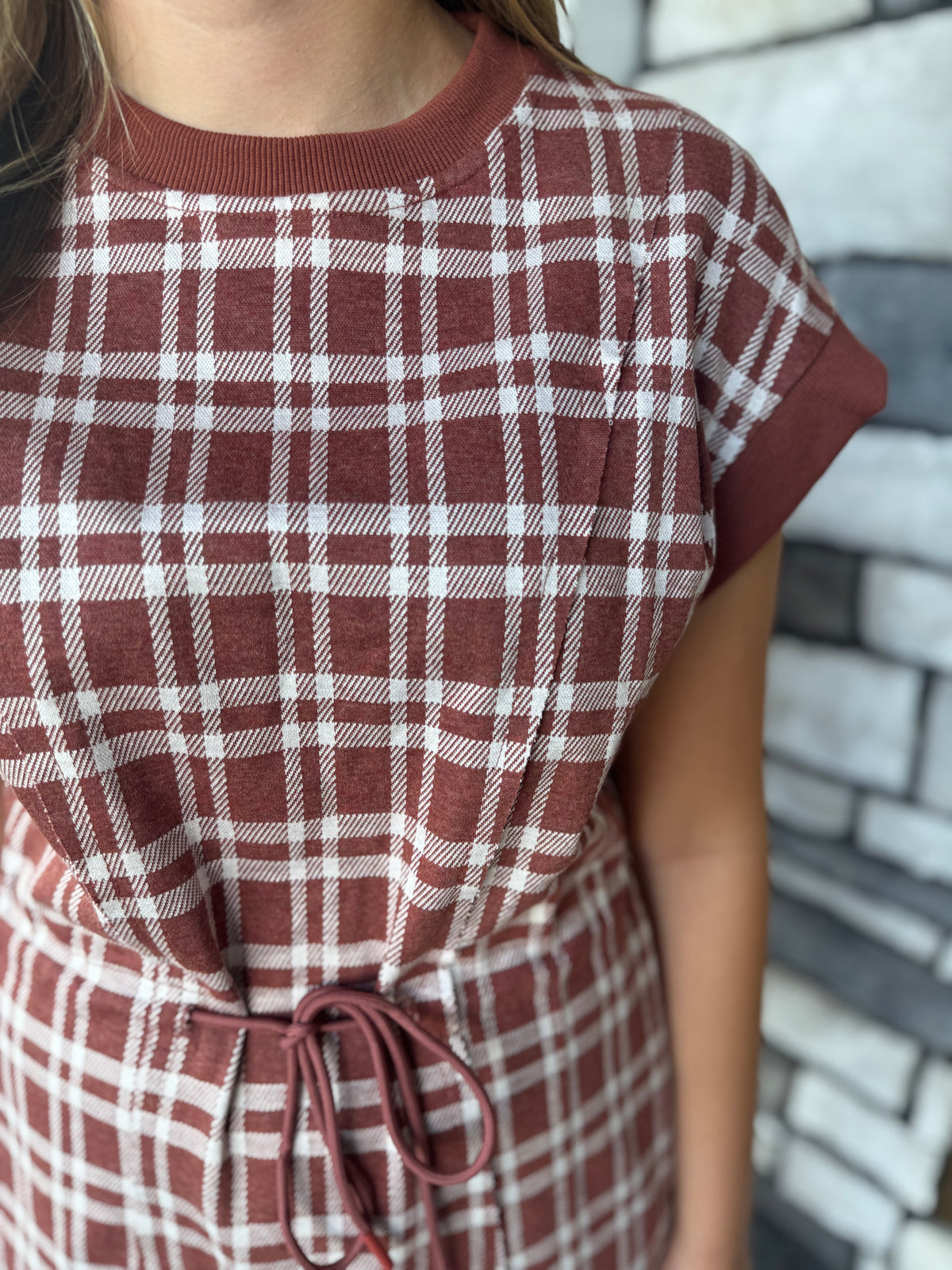 Becca Rust Soft Plaid Cap Sleeve Mini Dress