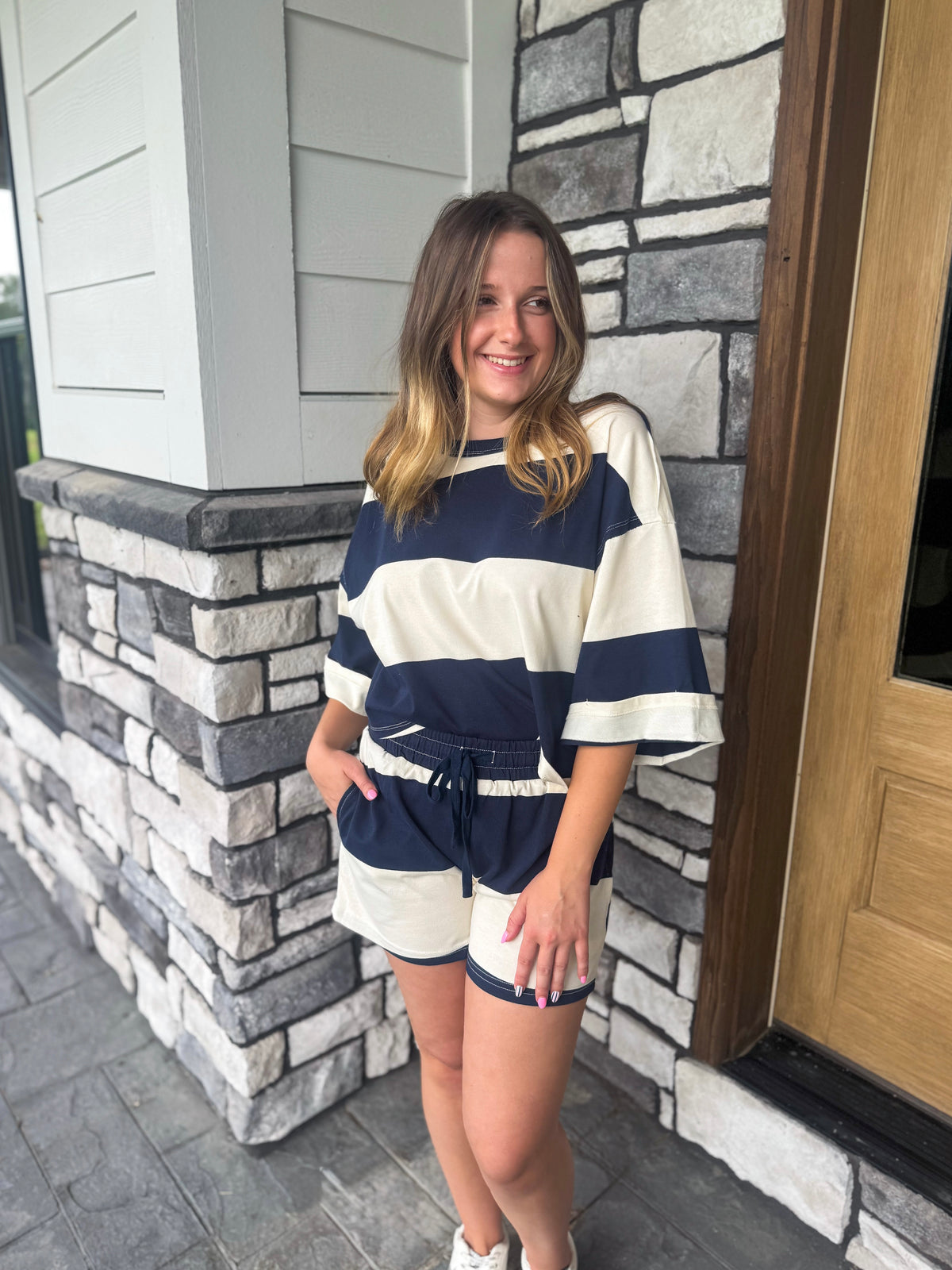 Willow Navy & Ivory Block Striped Knit Matching Set