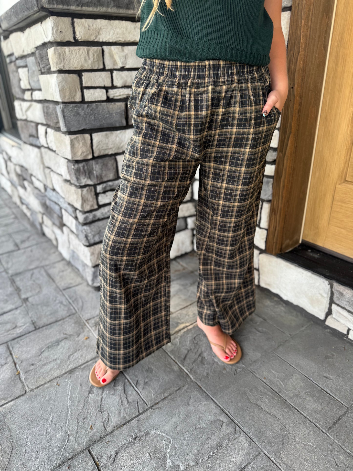 Stevie Hunter Green Plaid Elastic Waist Wide Leg Pants