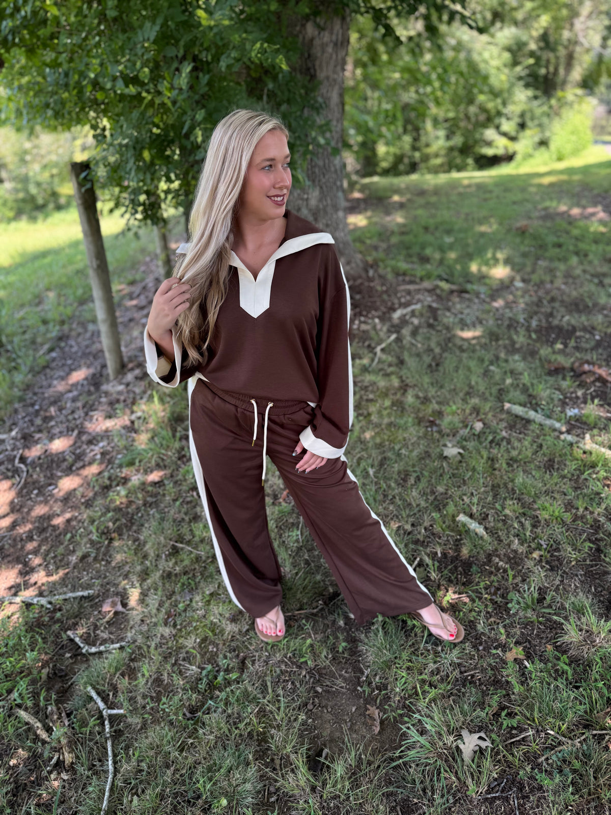 Leona Brown & Ivory Luxe Knit Matching Set W/ Color Block Details