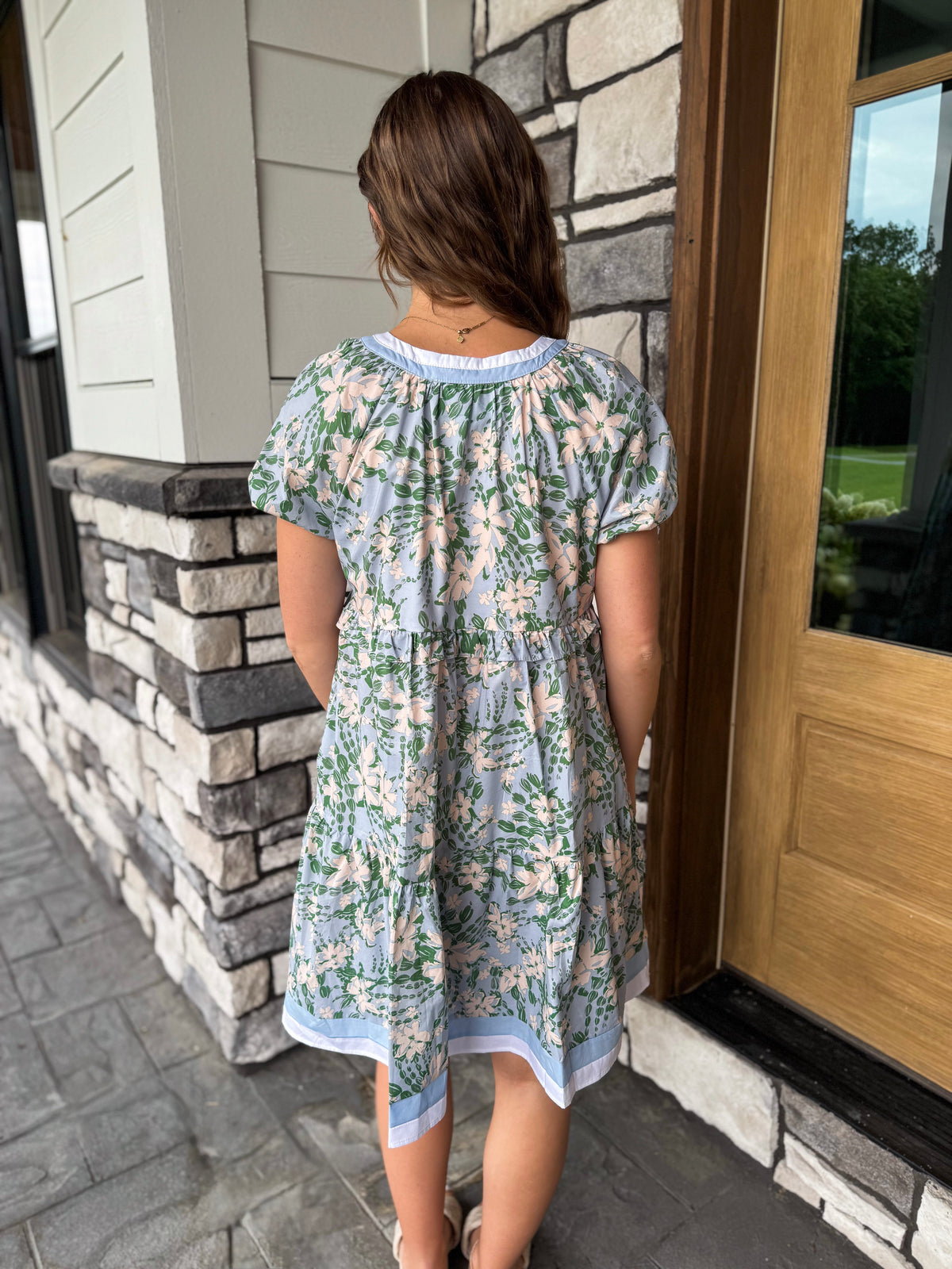 Rachel Blue & Green Floral Contrast Banded Puff Sleeve Mini Dress