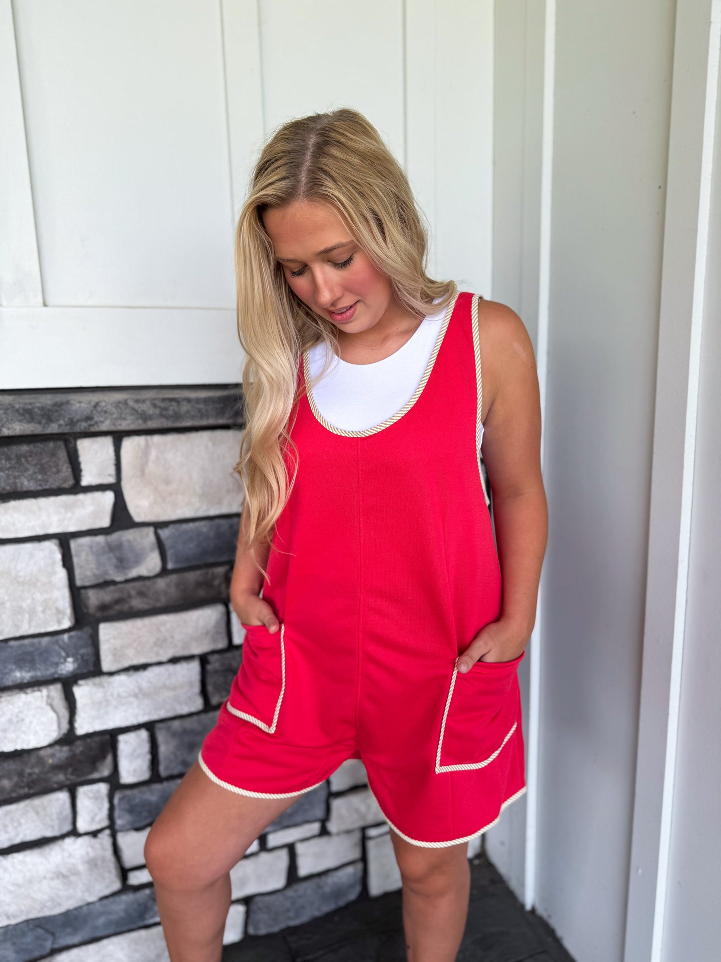 Rosie Coral Red Contrast Trim Romper