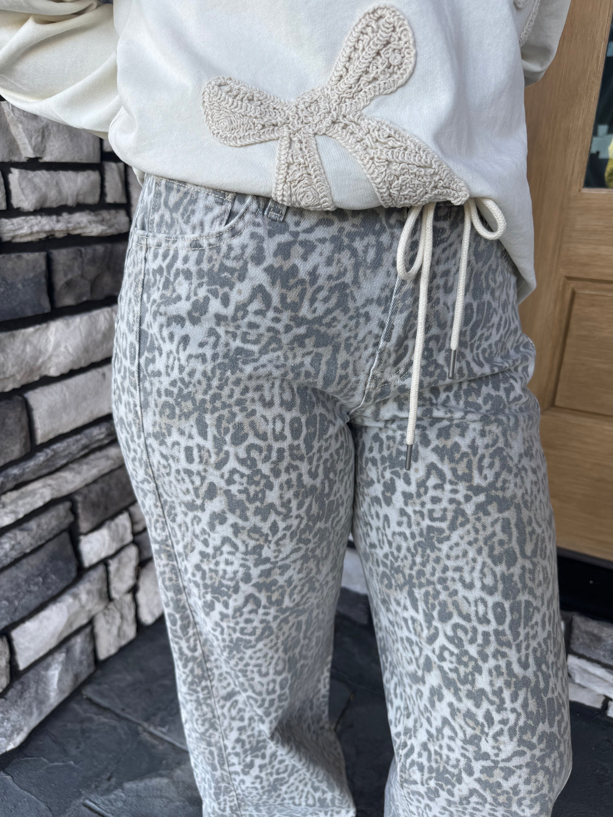 Leopard High Rise Drawstring Waistband Wide Leg Jeans
