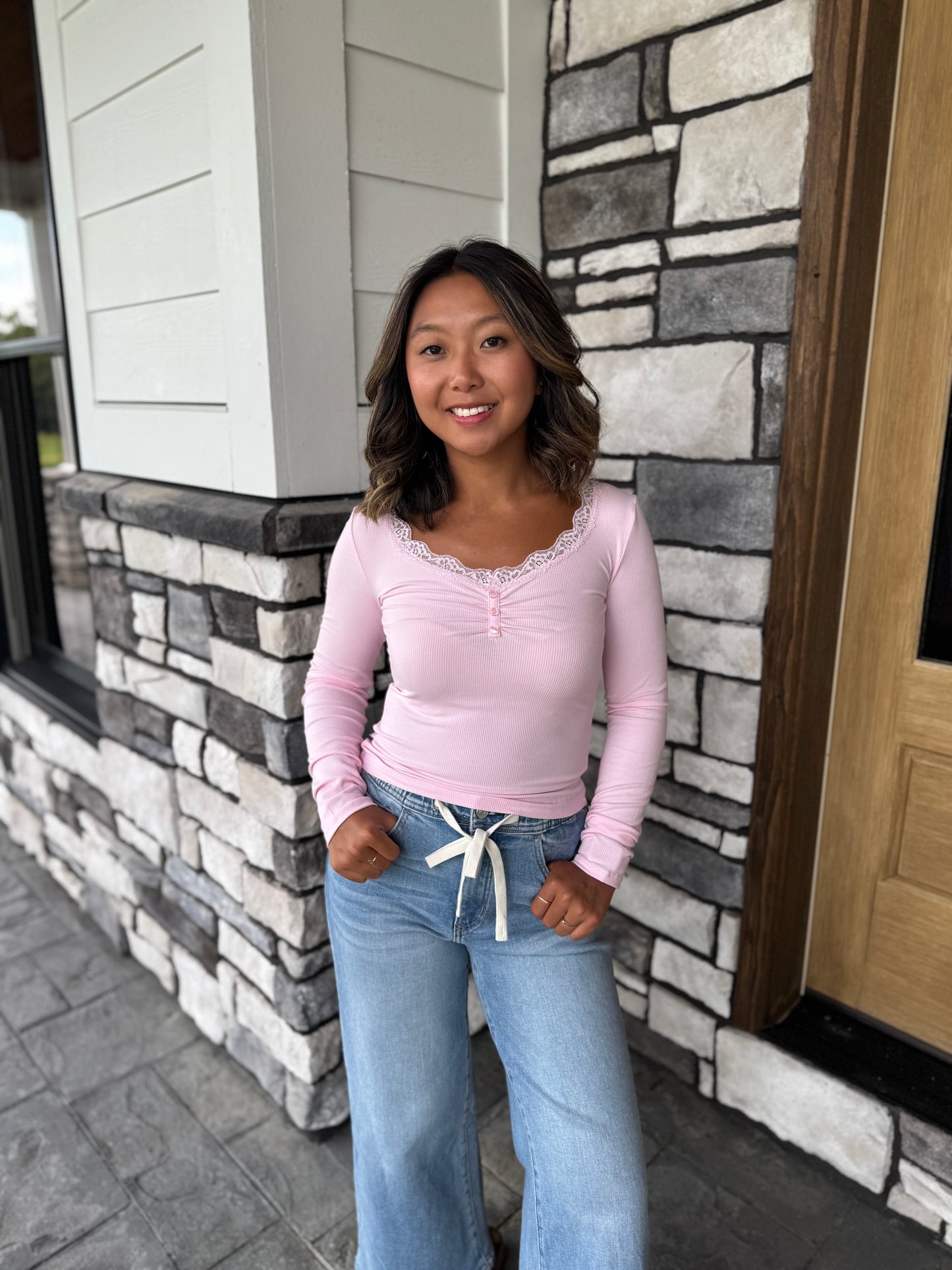 Ally Pink Lace Trim Long Sleeve Ribbed Top