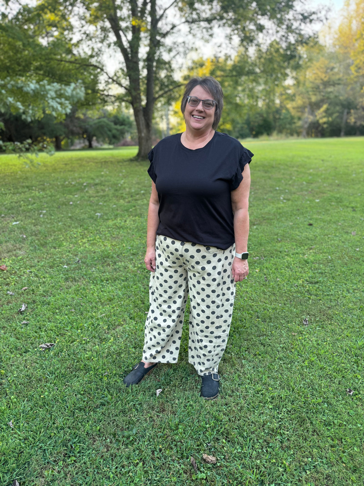 Layla Khaki & Black Polka Dot Washed Twill Barrel Pants