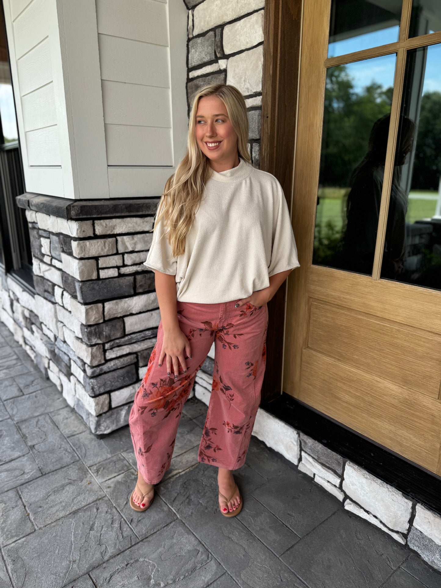 Courtney Dark Pink Floral Washed Corduroy Barrel Pants