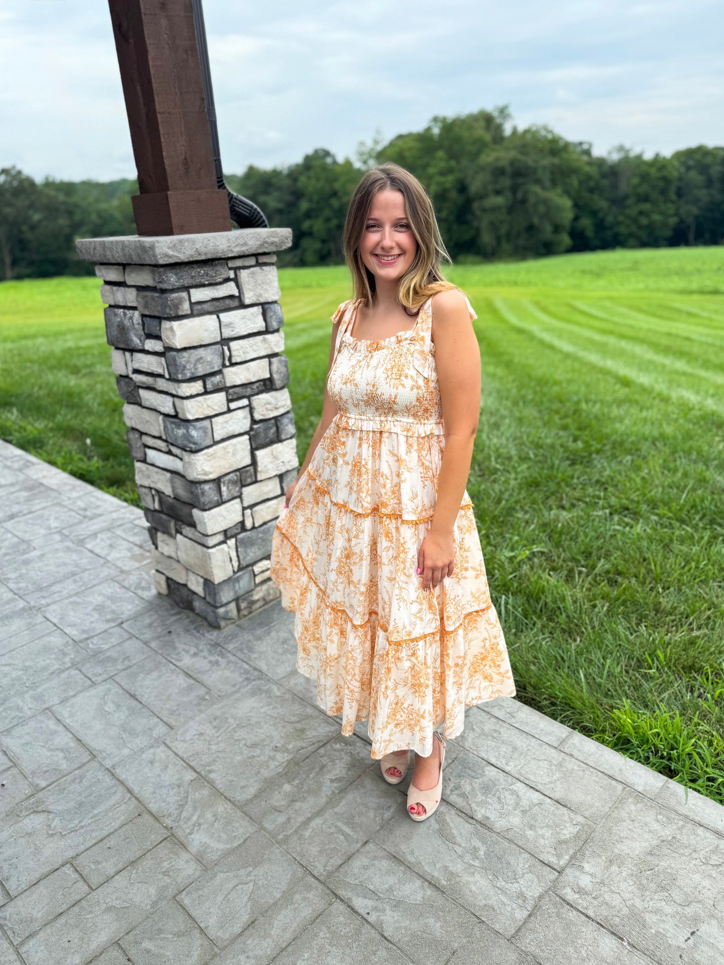 Charlotte Off White & Dark Amber Tiered Lace Trim Floral Midi Dress