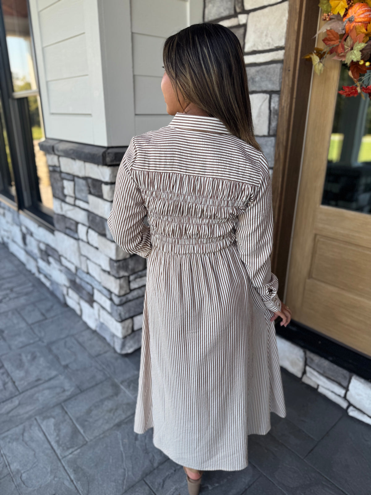 Mindy Brown Striped Button Up Midi Dress