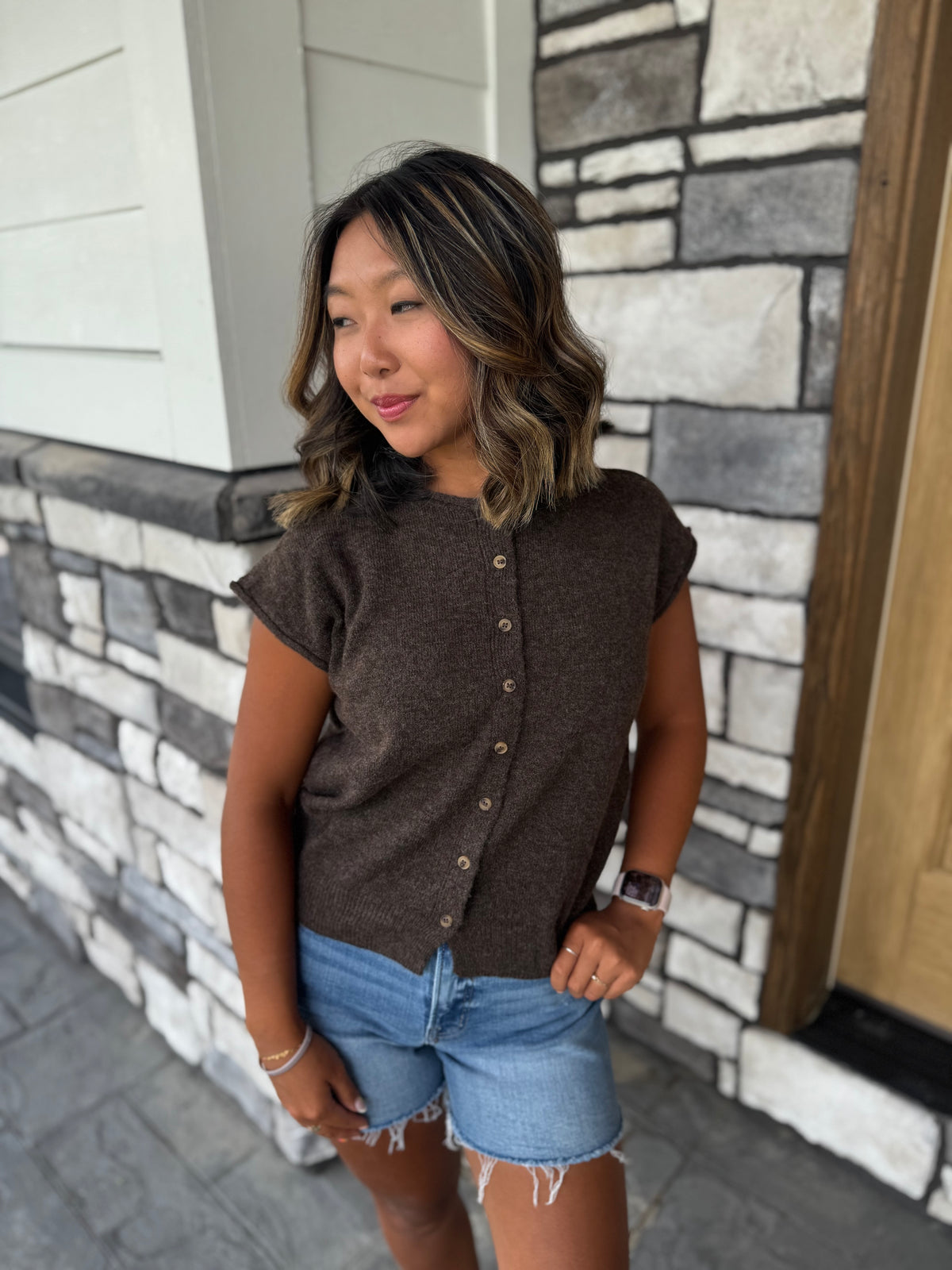 Marlow Chocolate Brown Button Up Short Sleeve Sweater