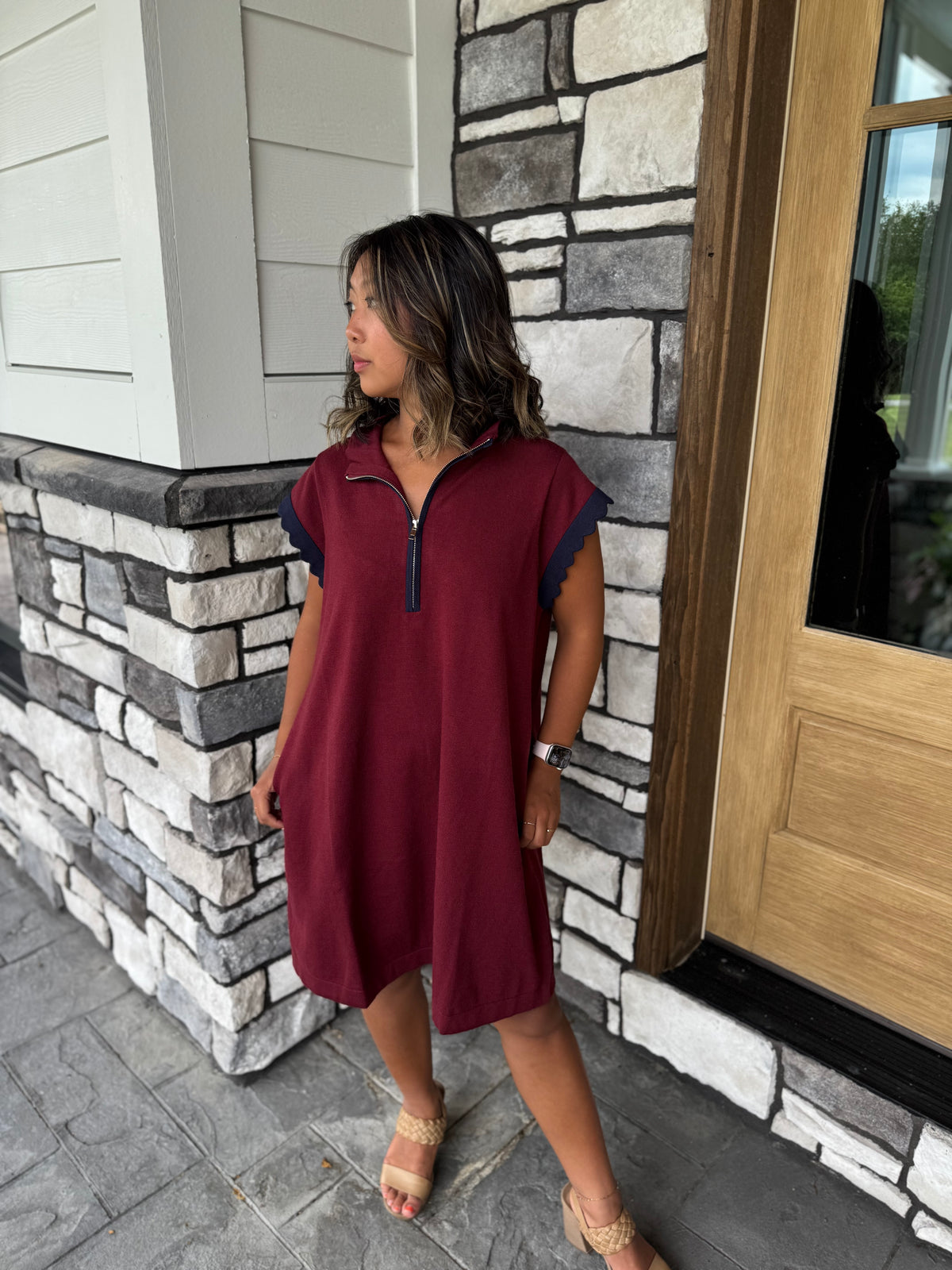 Whitney Burgundy Half Zip Scalloped Edge Short Sleeve Sweater Dress