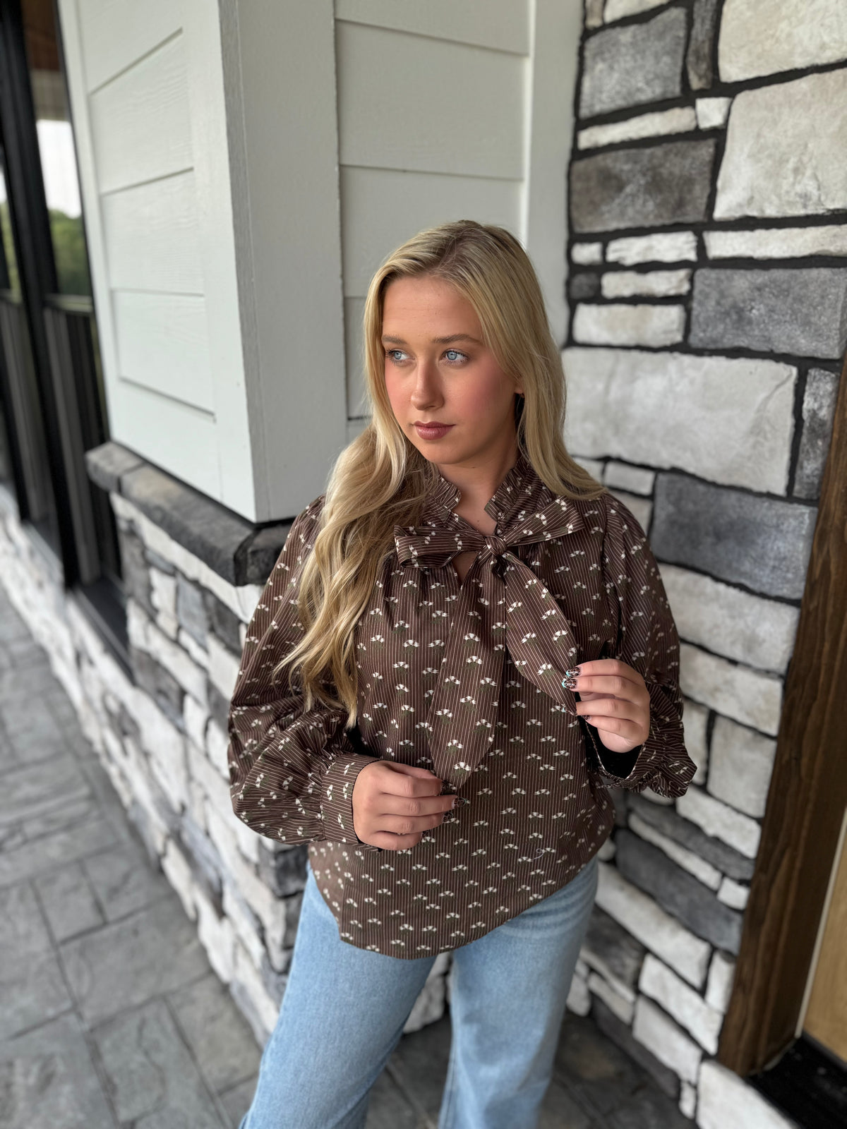 Fran Brown Floral Blouse W/ Bow Tie Detail