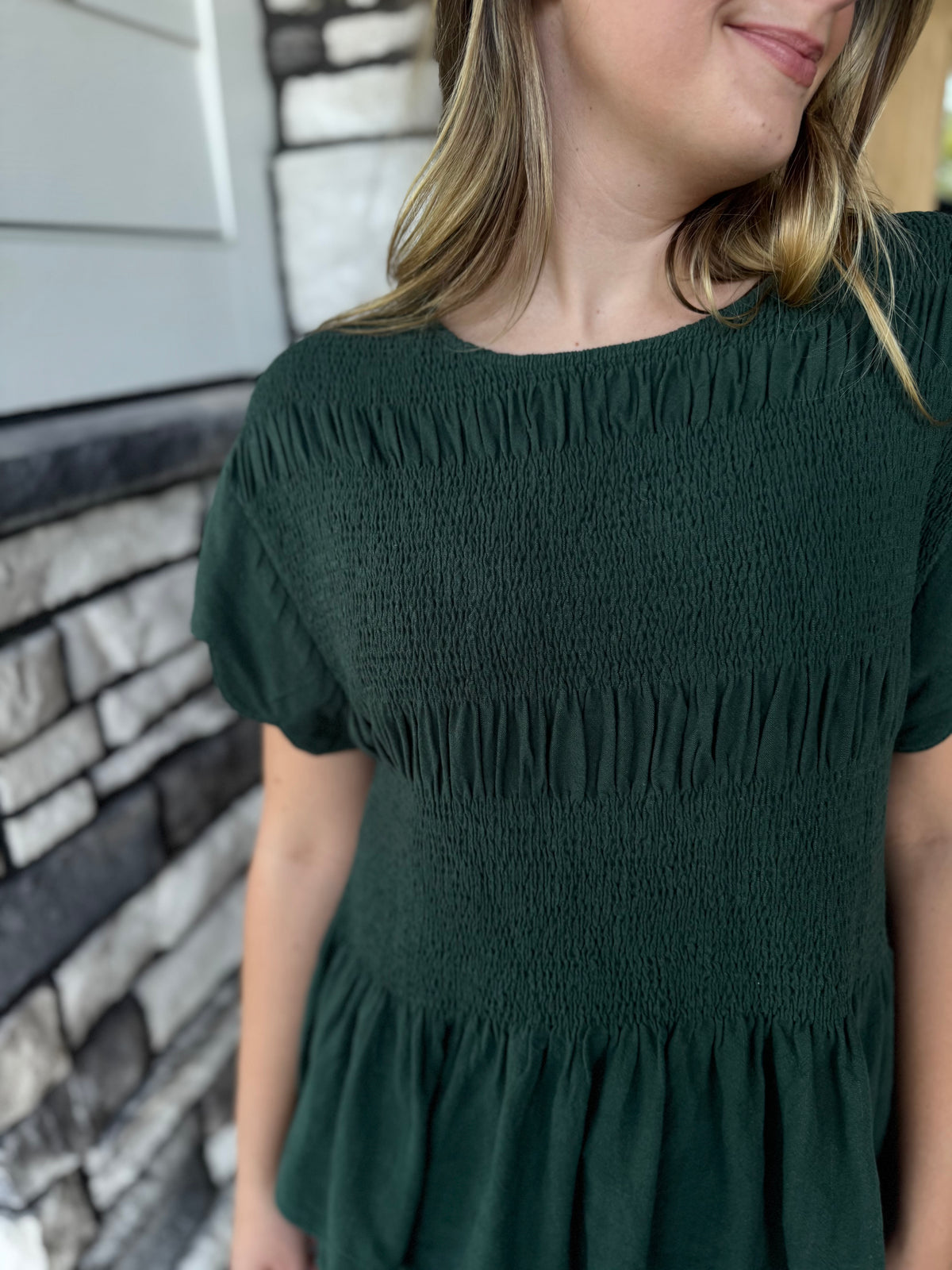 Tania Dark Green Smocked Peplum Top
