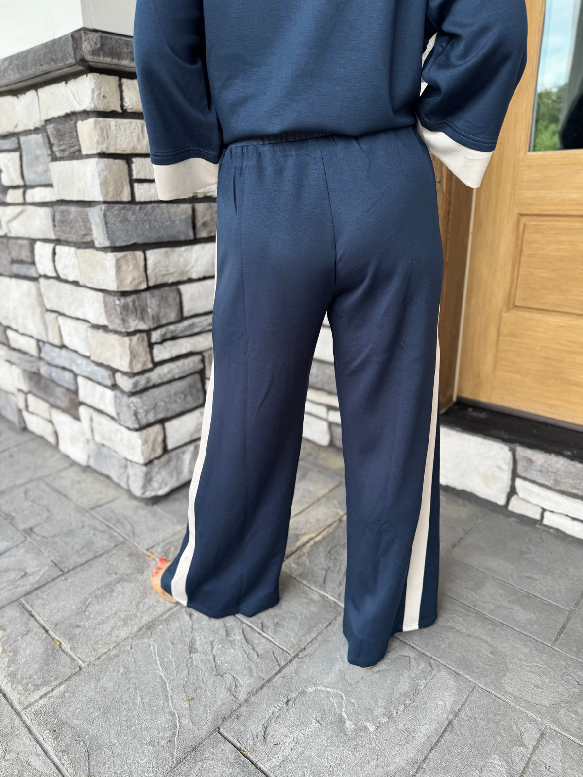 Angela Navy & Ecru Luxe Knit Matching Set W/ Stripe Details