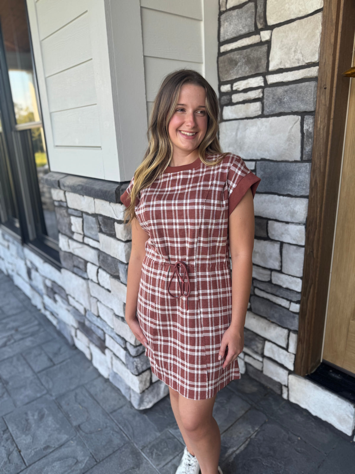 Becca Rust Soft Plaid Cap Sleeve Mini Dress