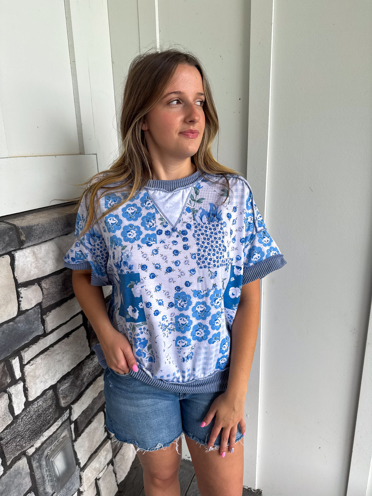 Krista Blue Floral Patchwork Print Top