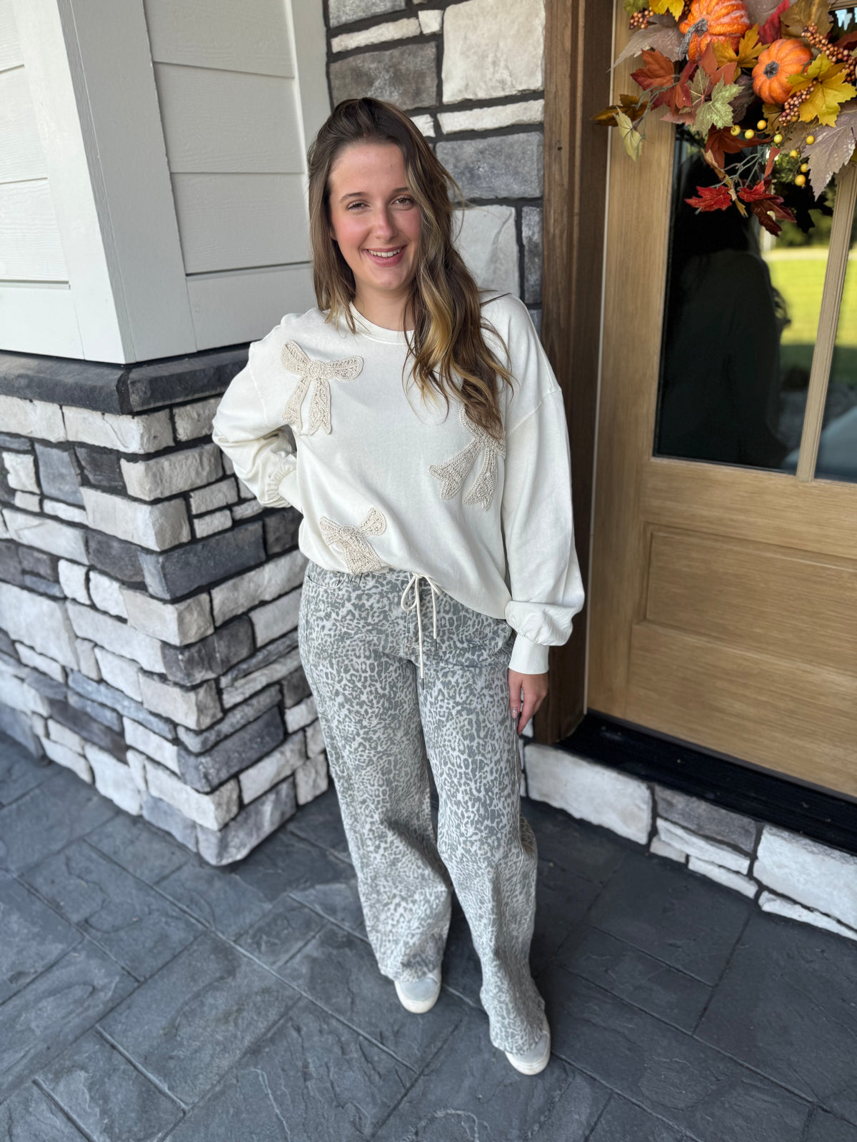 Leopard High Rise Drawstring Waistband Wide Leg Jeans