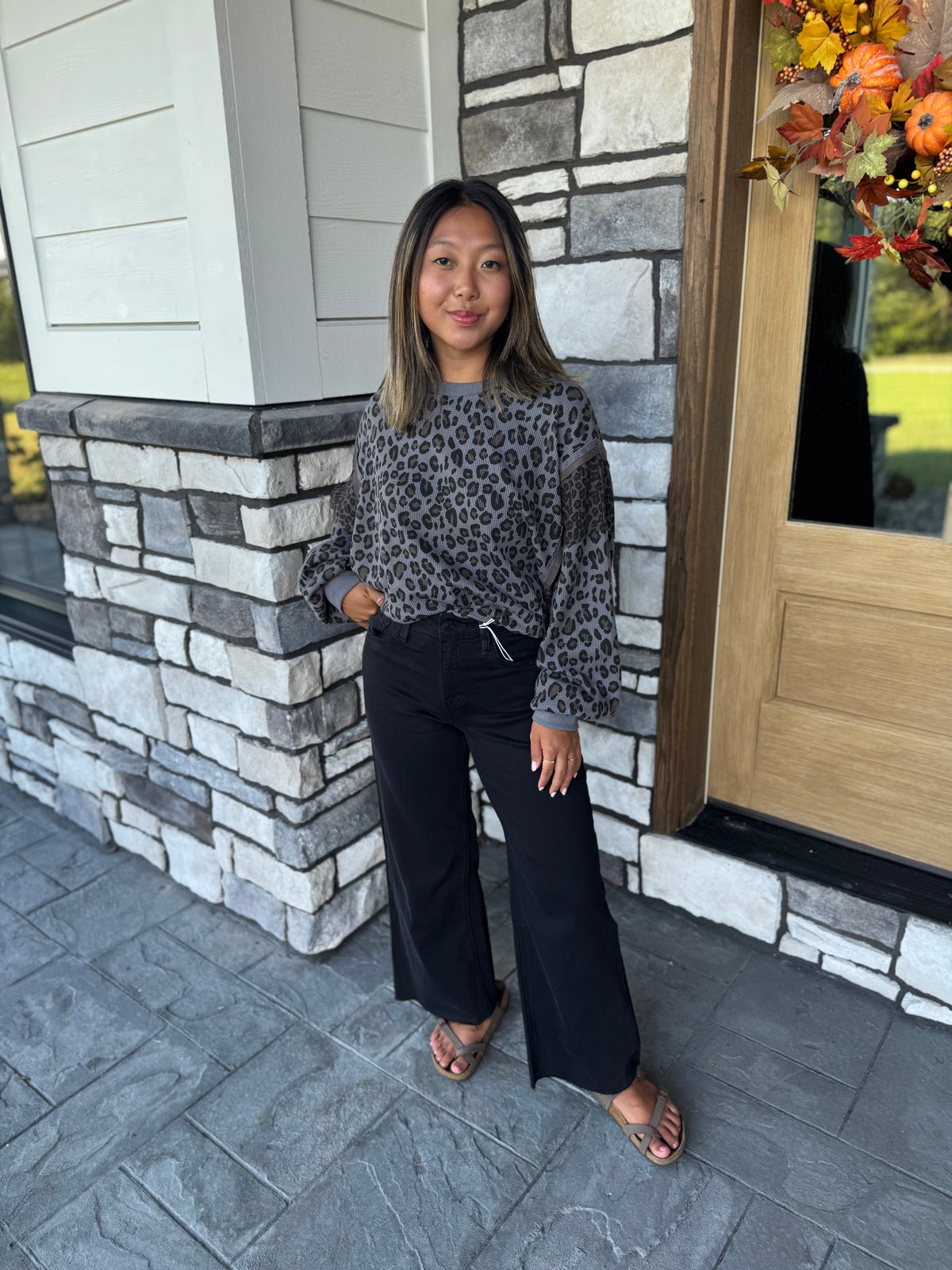 Palmer Charcoal Leopard Print Waffle Knit Pullover