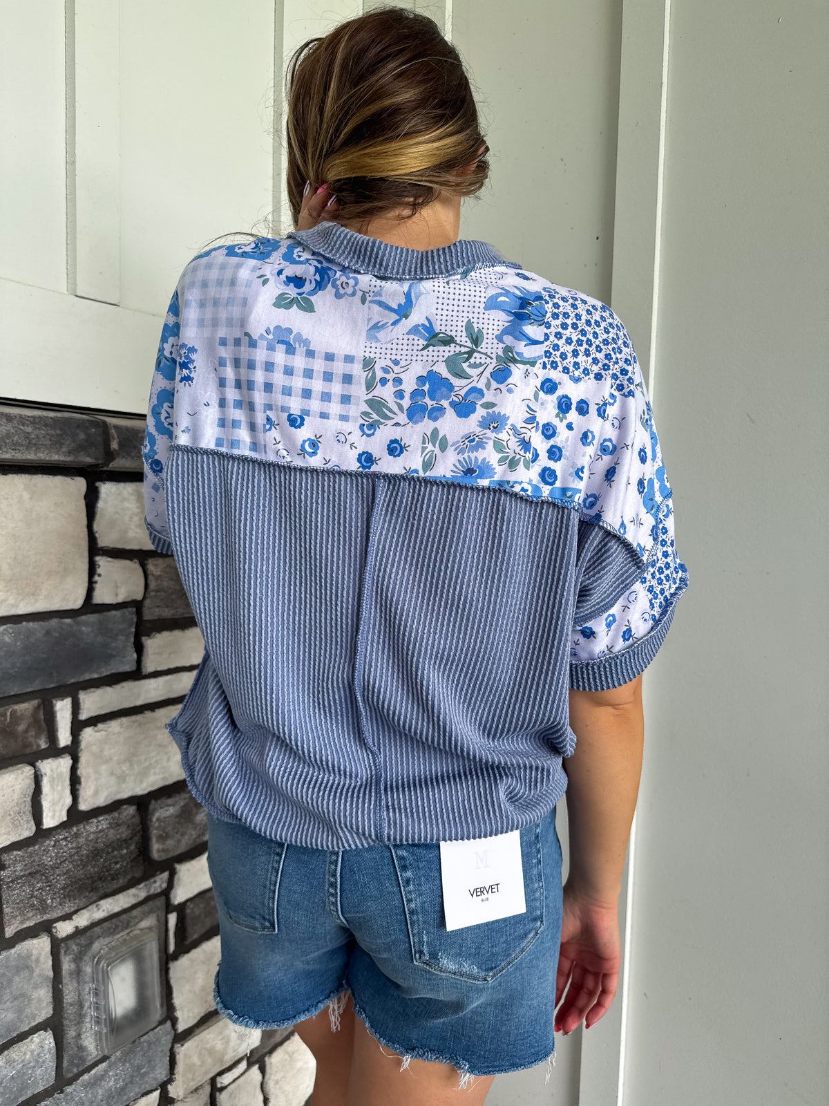 Krista Blue Floral Patchwork Print Top