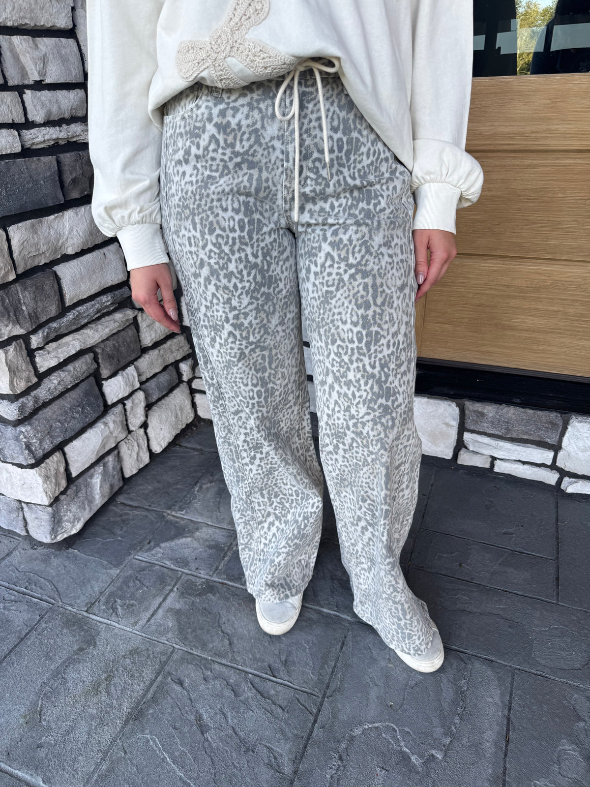 Leopard High Rise Drawstring Waistband Wide Leg Jeans