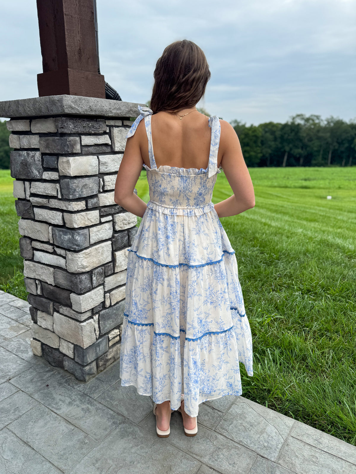 Charlotte Ivory & Baby Blue Tiered Lace Trim Floral Midi Dress