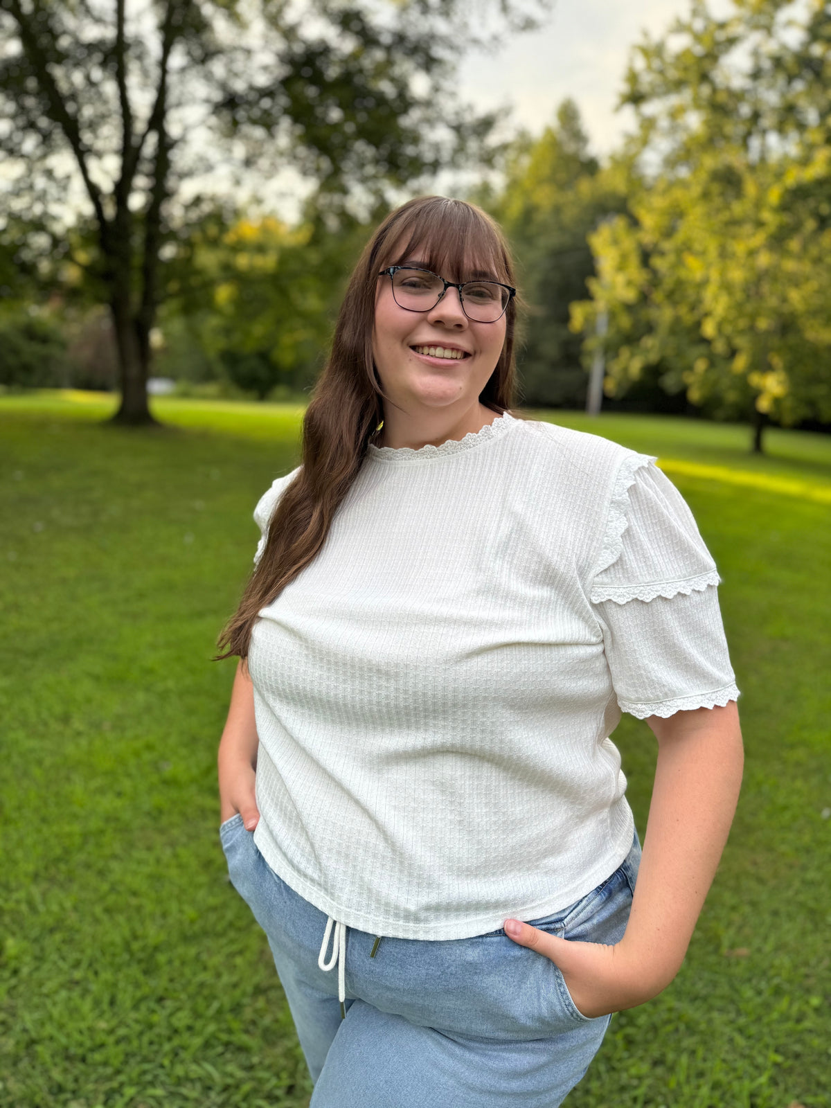 Julie Plus Size White Waffle Knit Top W/ Lace Details